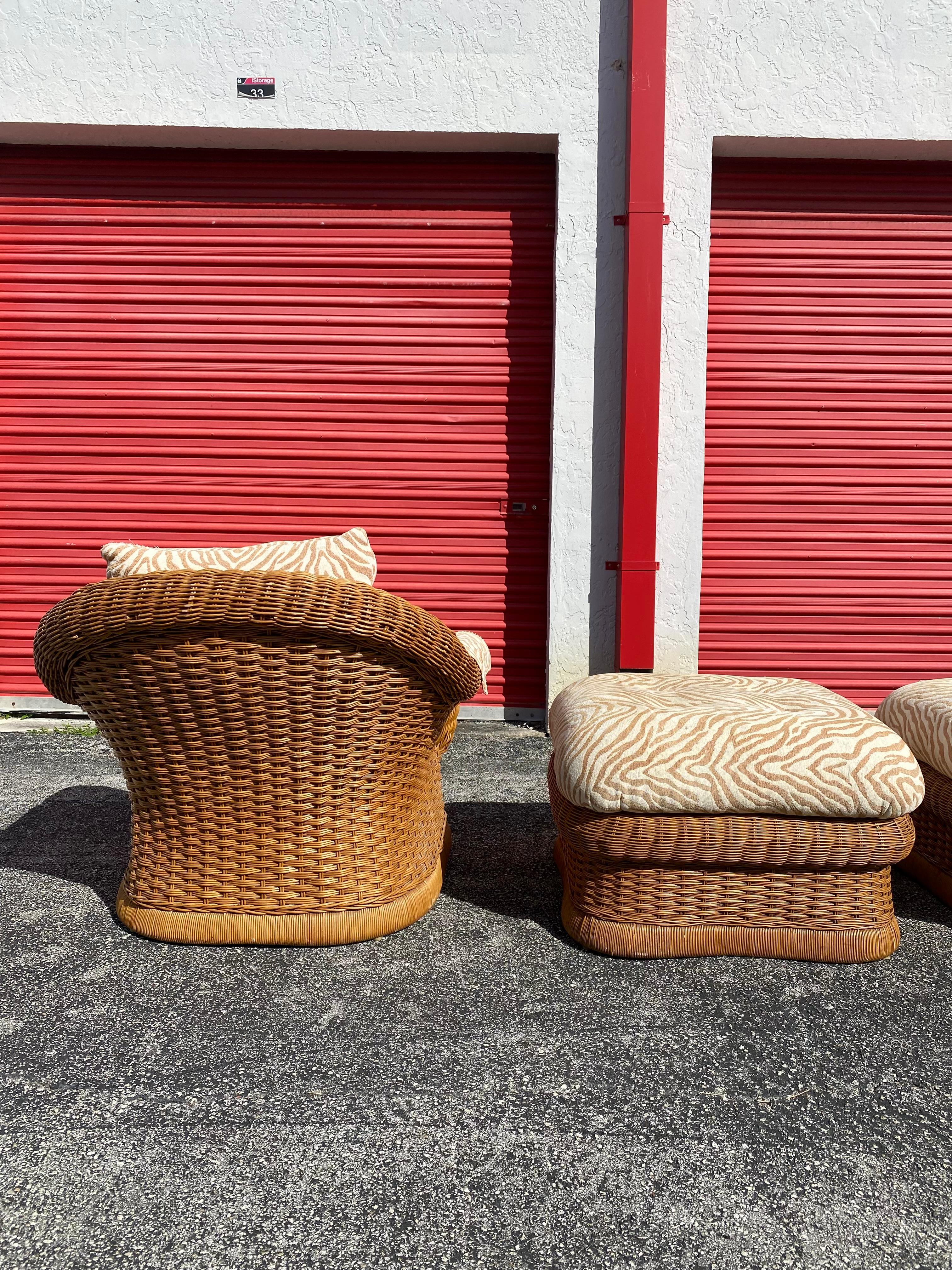 Late 20th Century 1970s Ficks Reed Woven Rattan Zebra Chairs and Ottomans, Set of 4 For Sale