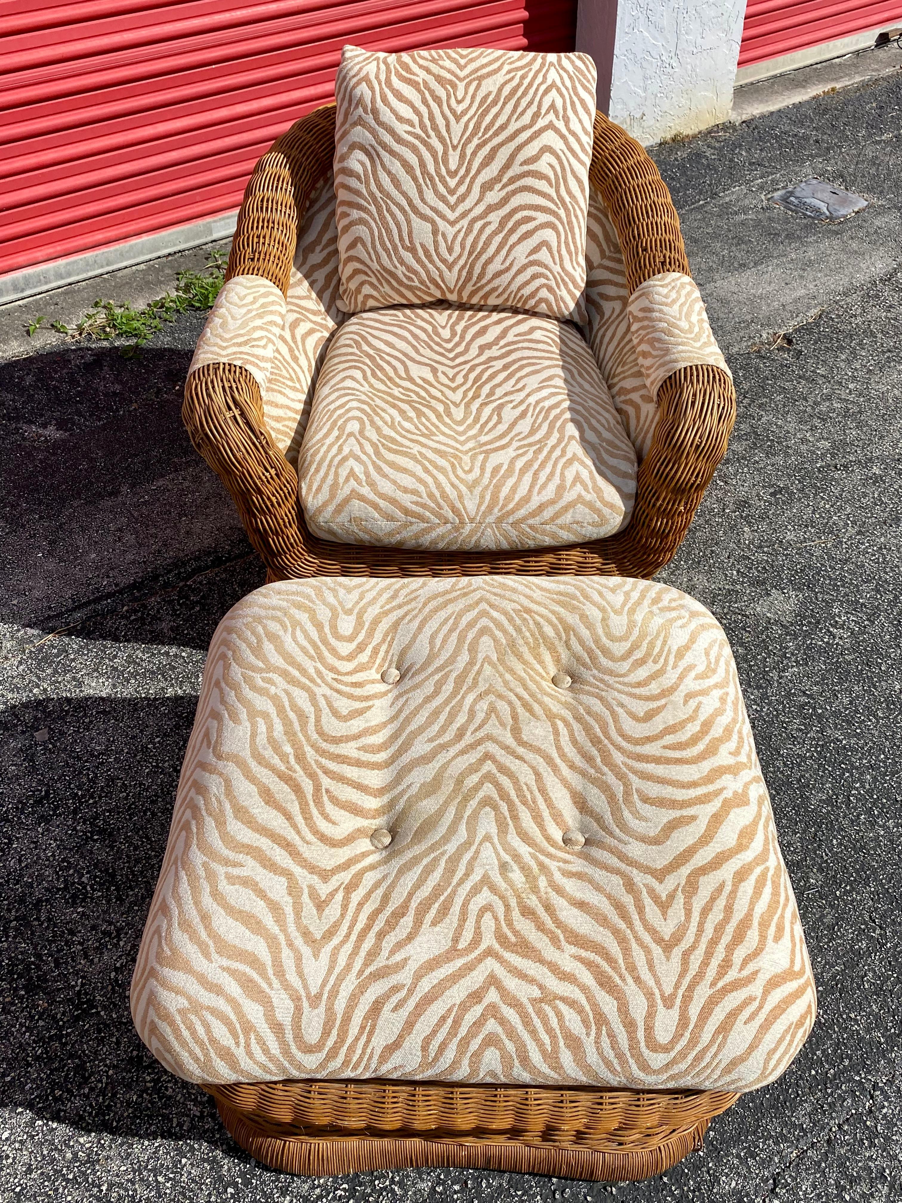 Upholstery 1970s Ficks Reed Woven Rattan Zebra Chairs and Ottomans, Set of 4 For Sale