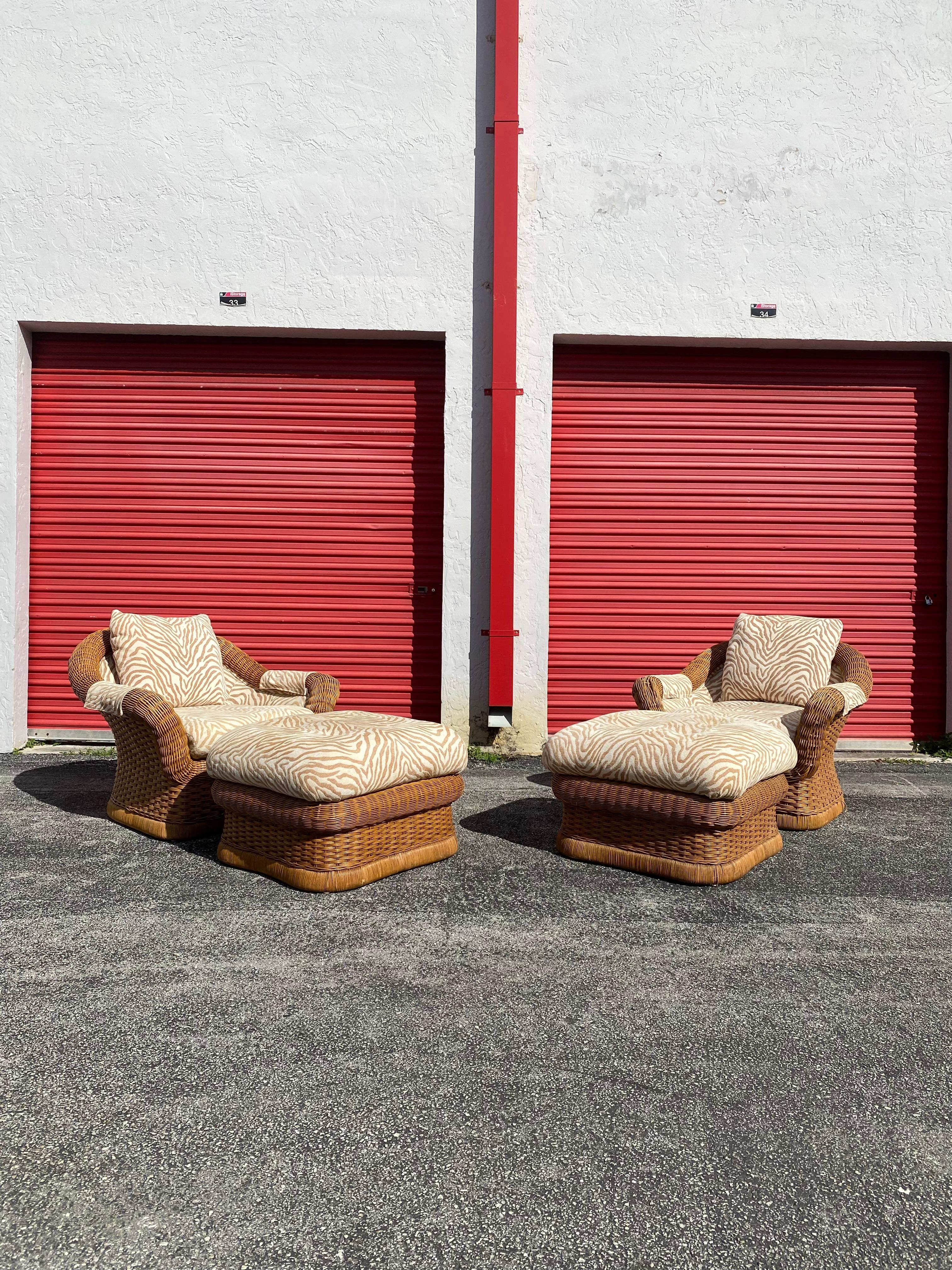 1970s Ficks Reed Woven Rattan Zebra Chairs and Ottomans, Set of 4 For Sale 1