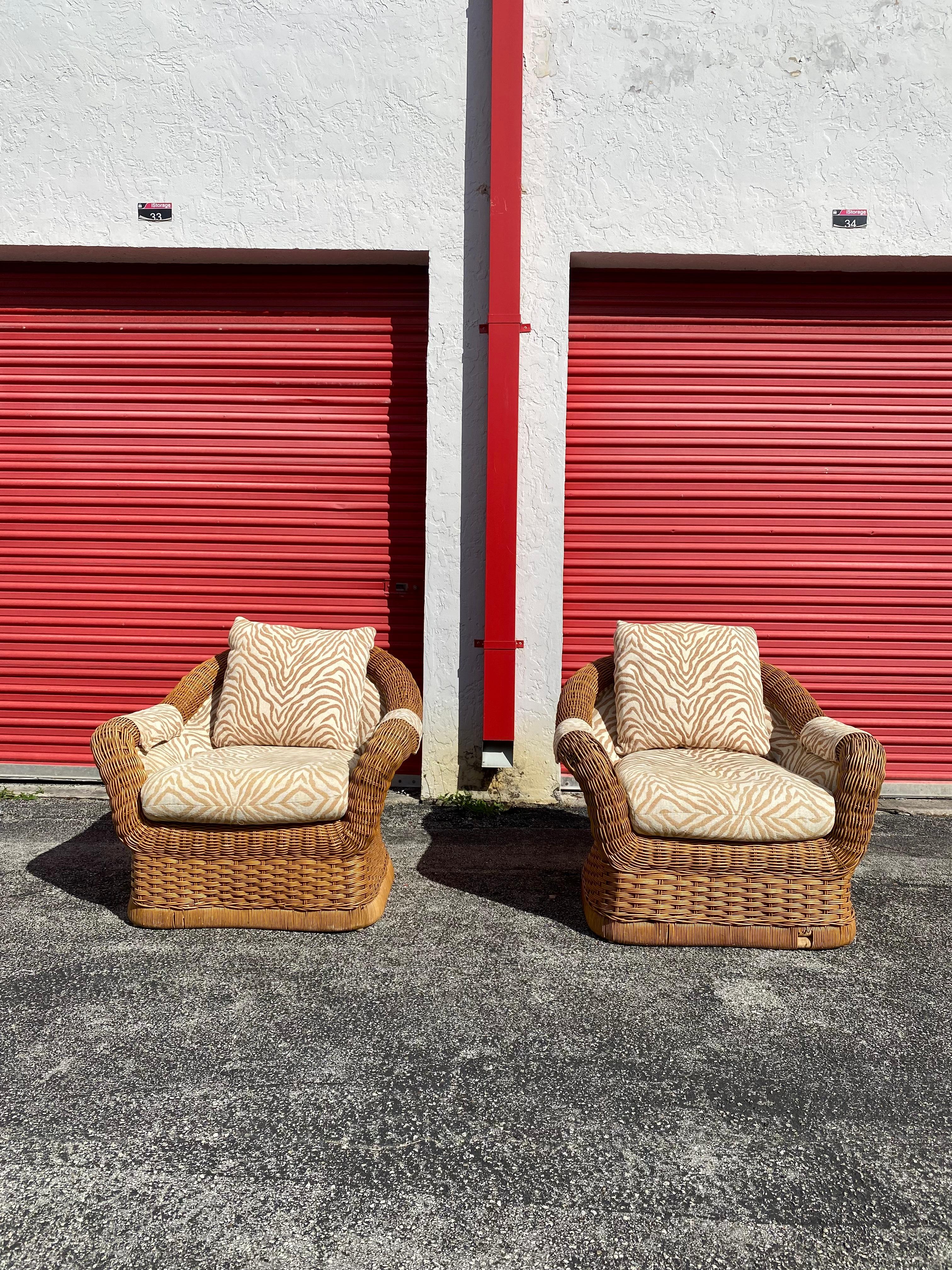 1970s Ficks Reed Woven Rattan Zebra Chairs and Ottomans, Set of 4 For Sale 2