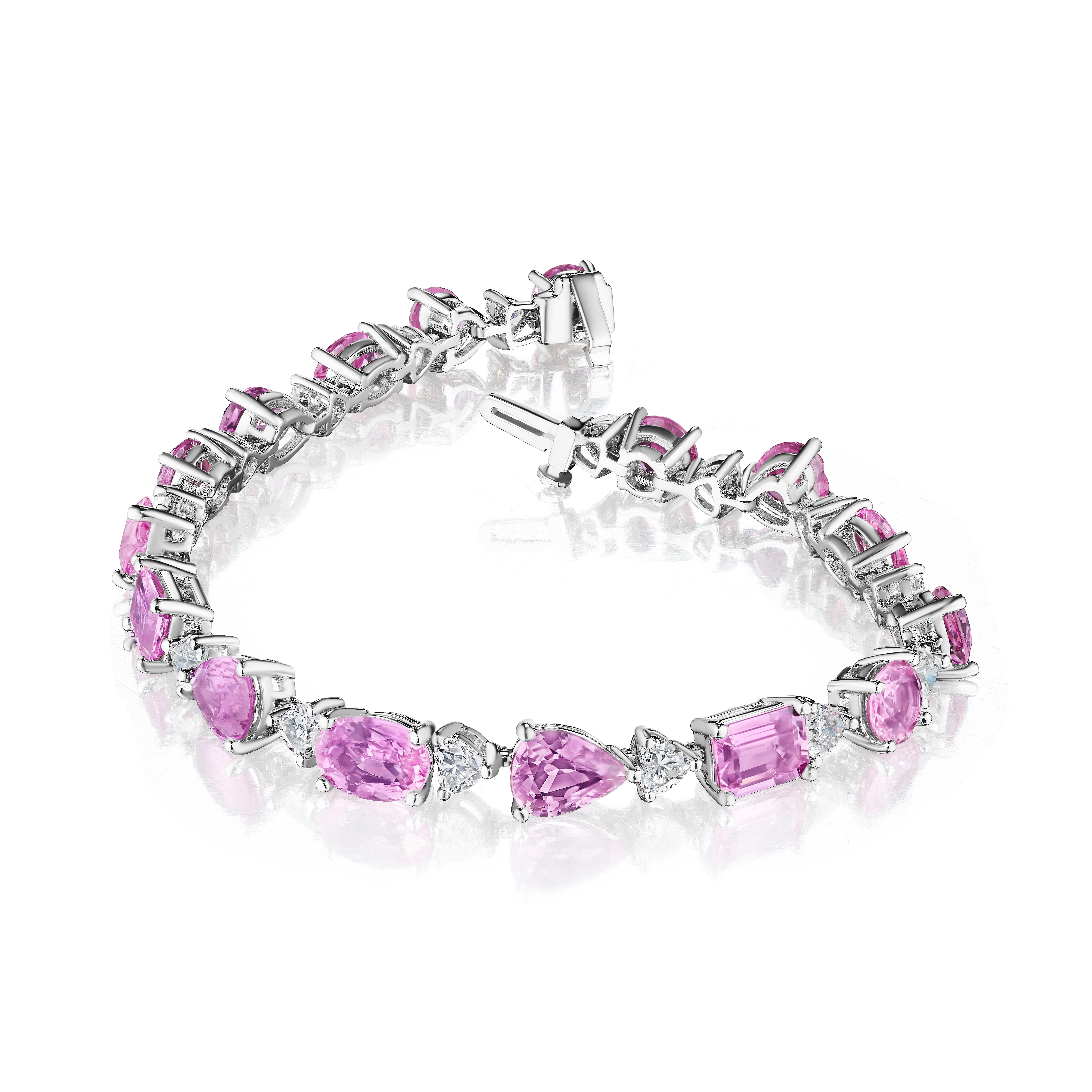 Modern 19.07ct Mixed Shape Pink Sapphire & Diamond Bracelet in 18KT White Gold For Sale