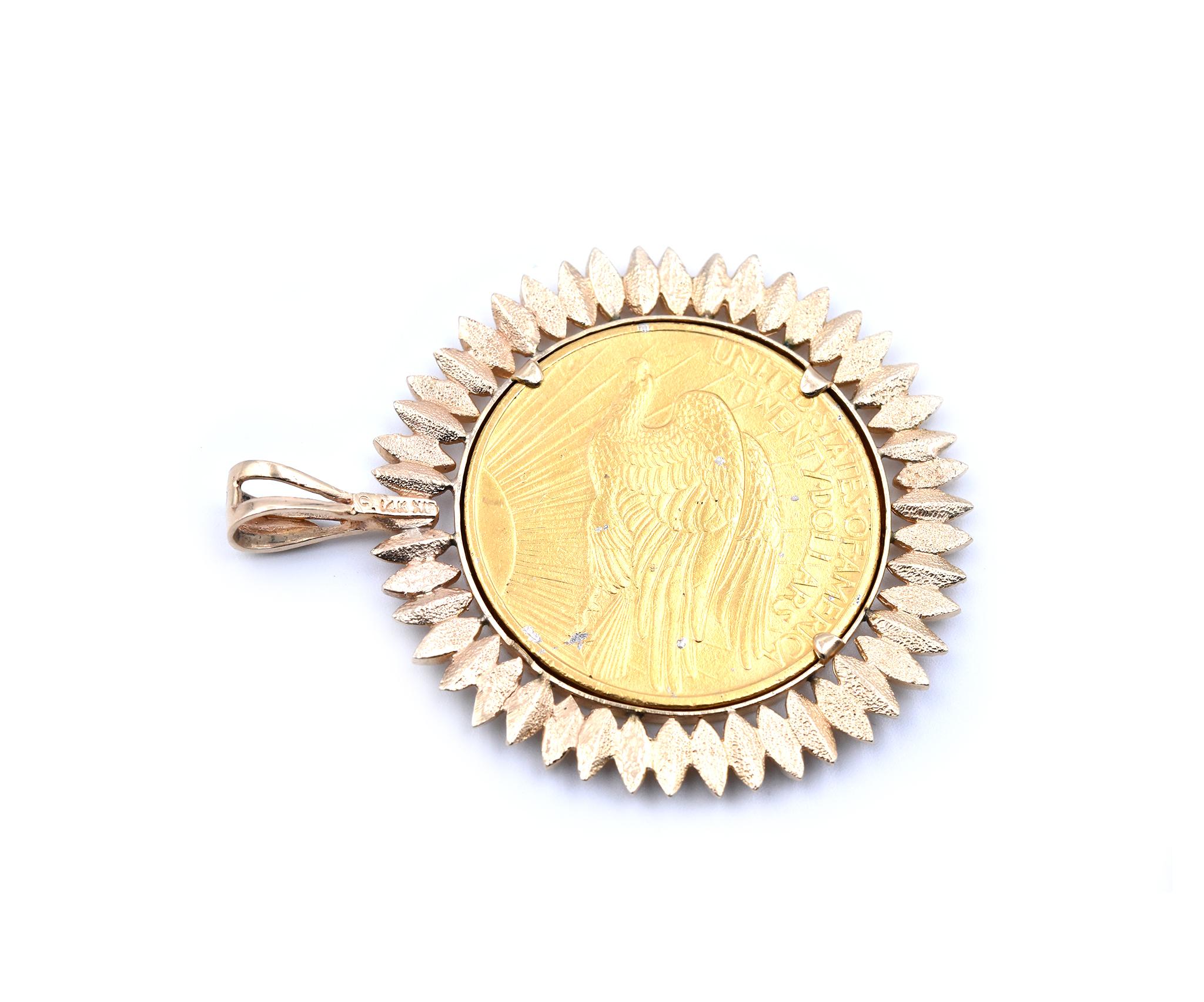 1908 14 Karat Yellow Gold $20 Liberty Coin Leaf Bezel Set Pendant In Excellent Condition In Scottsdale, AZ