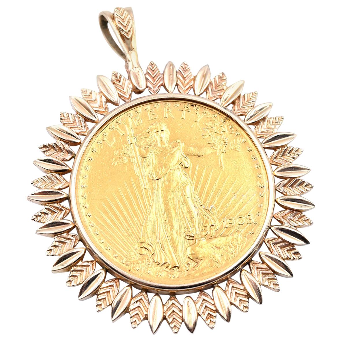 1908 14 Karat Yellow Gold $20 Liberty Coin Leaf Bezel Set Pendant
