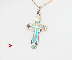 1908-17 Imperial Russian Orthodox Cross Crucifix Enamel Solid 84 Silver / 5.9gr