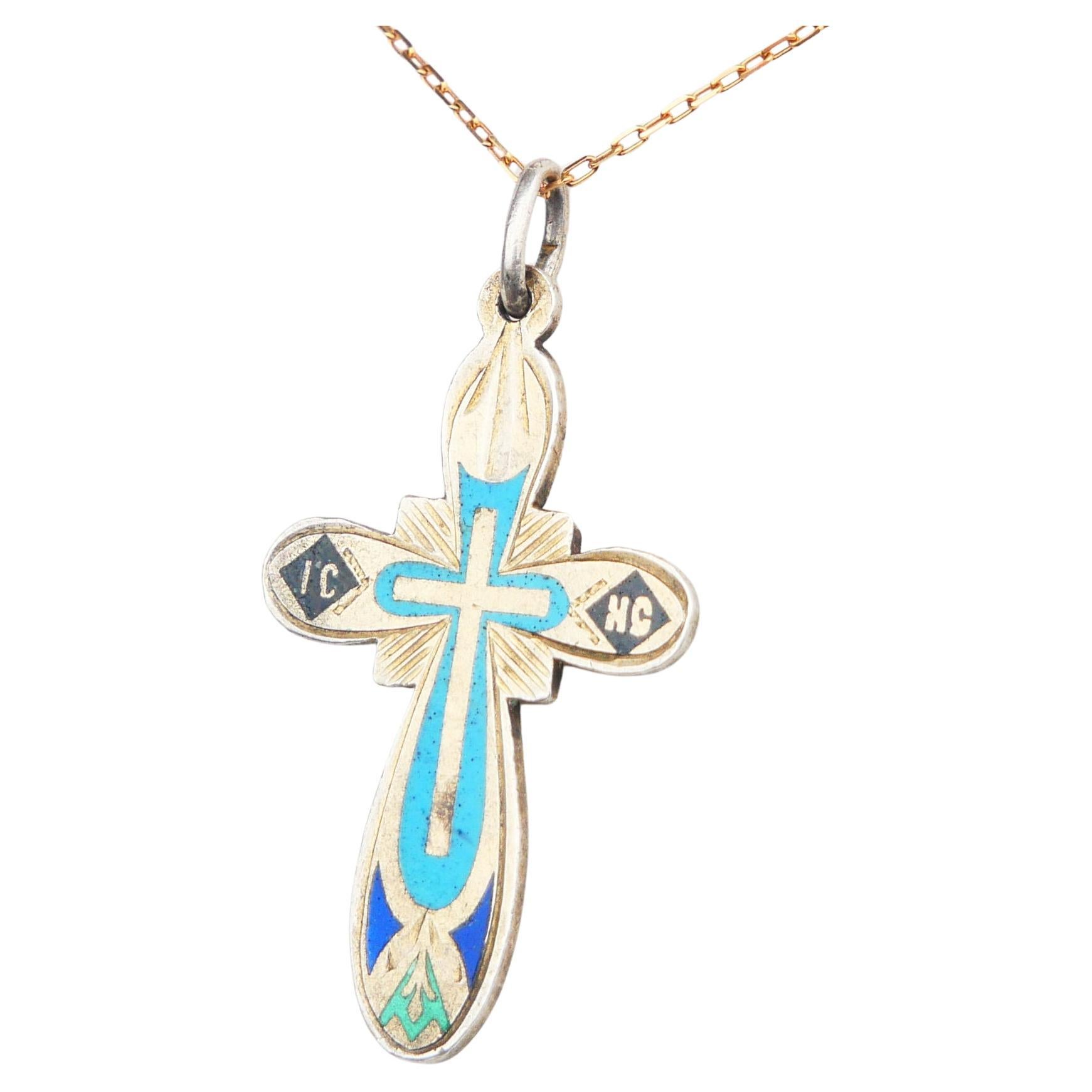 1908-17 Imperial Russian Orthodox Cross Crucifix Enamel Solid 84 Silver / 5.9gr For Sale