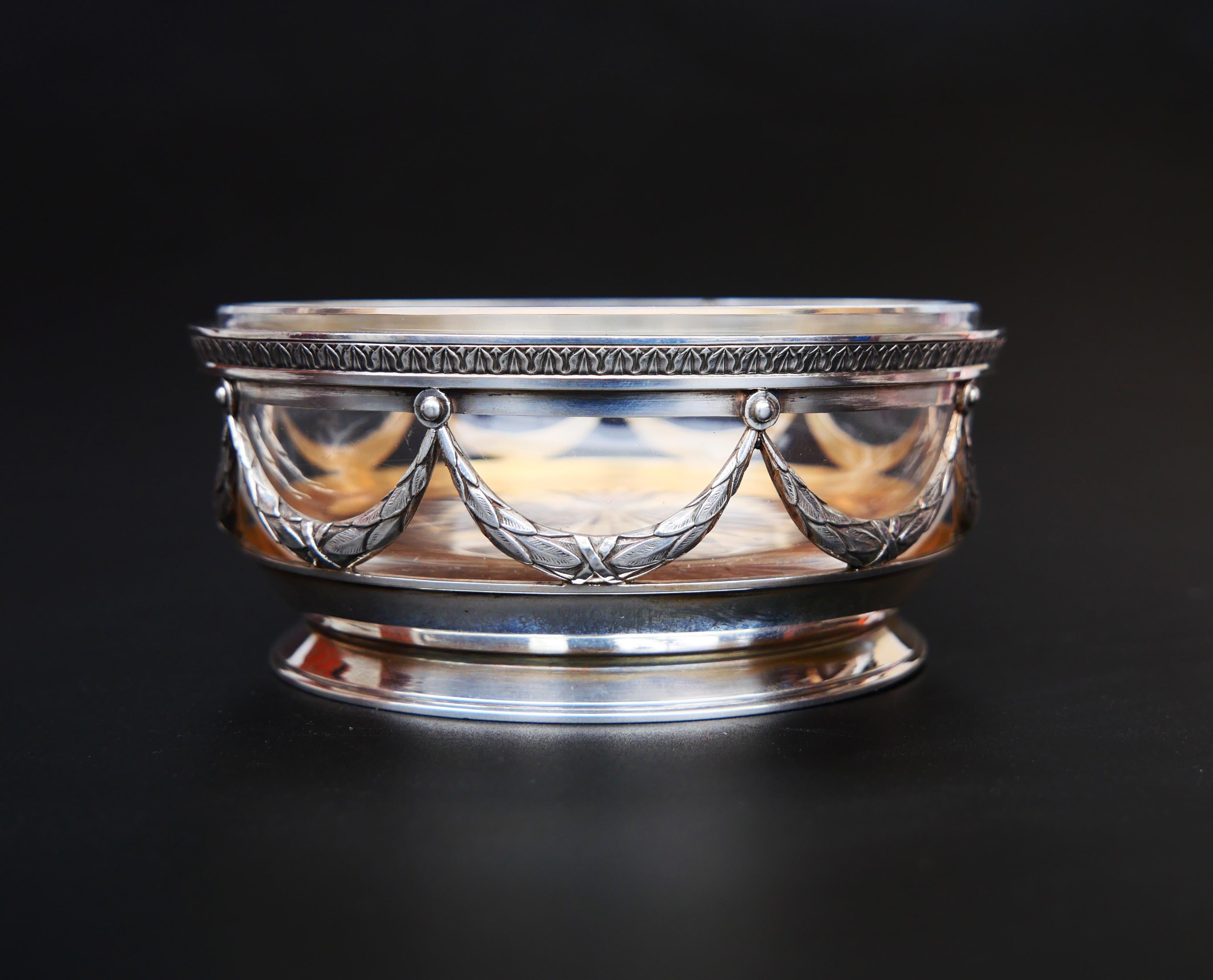 Women's or Men's 1908 -1916 Antique Faberge Russian Empire solid 84 Silver Cut Crystal Glass Bowl For Sale