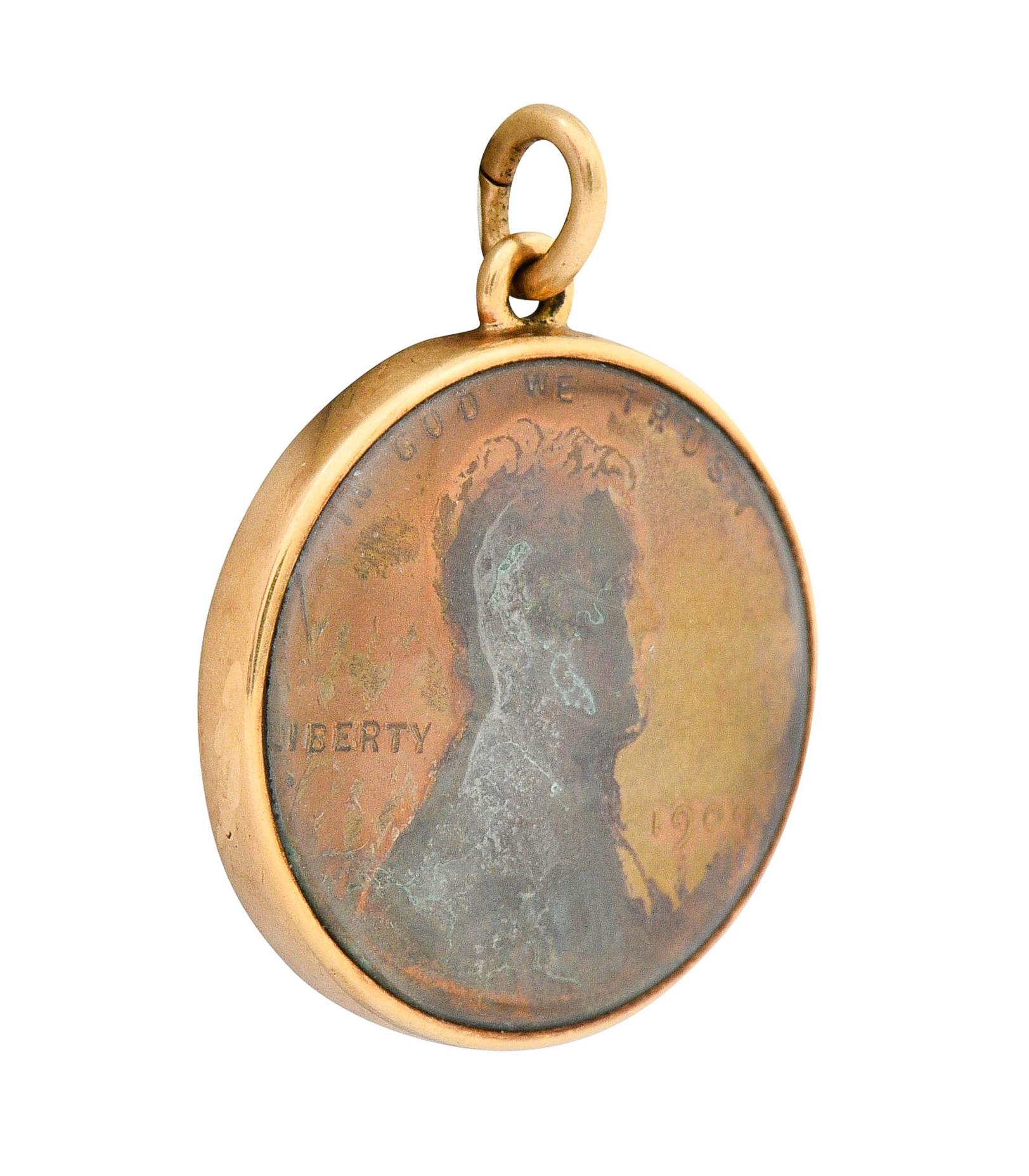 Art Nouveau 1908 Antique 14 Karat Gold Penny Charm