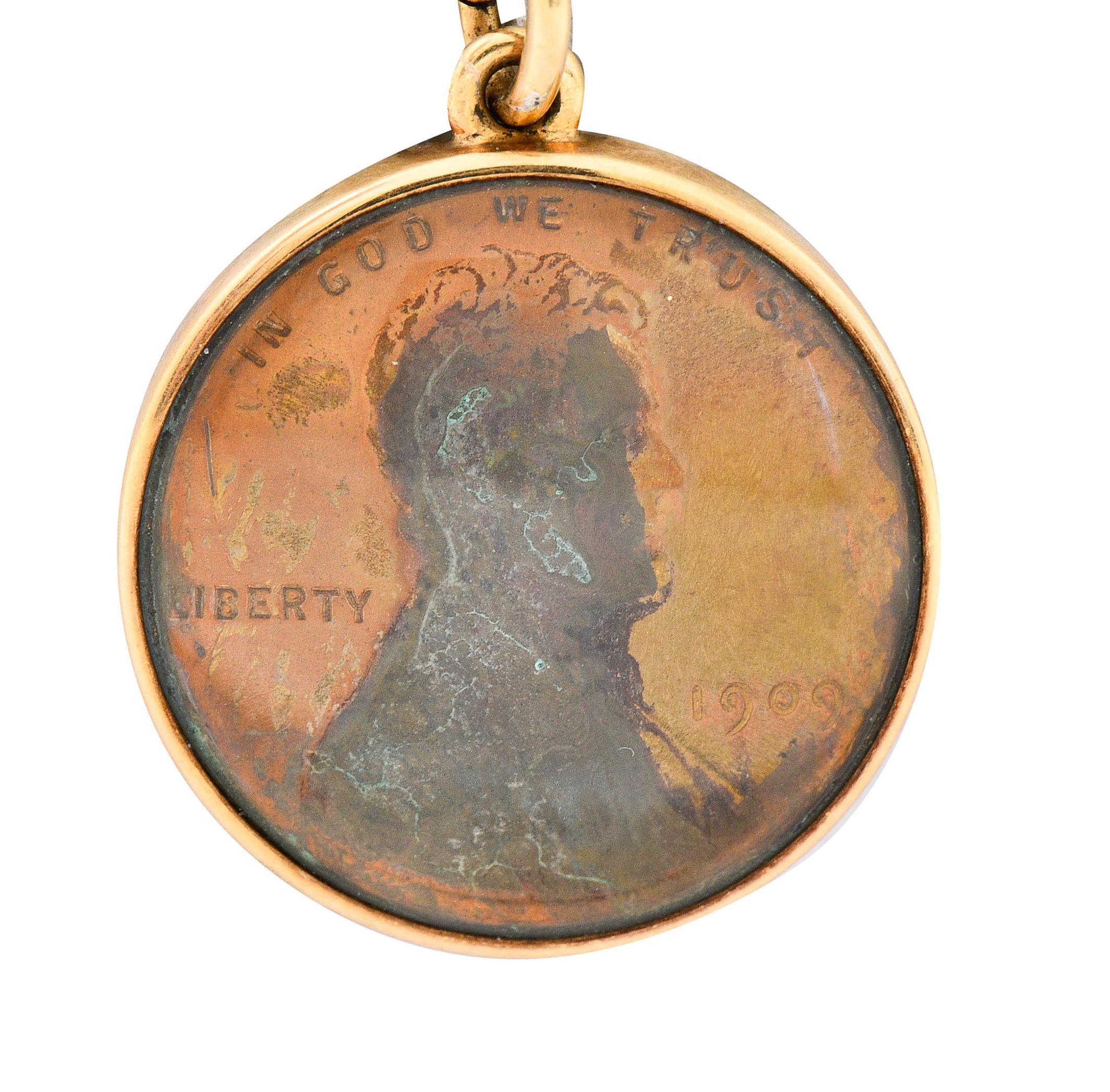 Women's or Men's 1908 Antique 14 Karat Gold Penny Charm