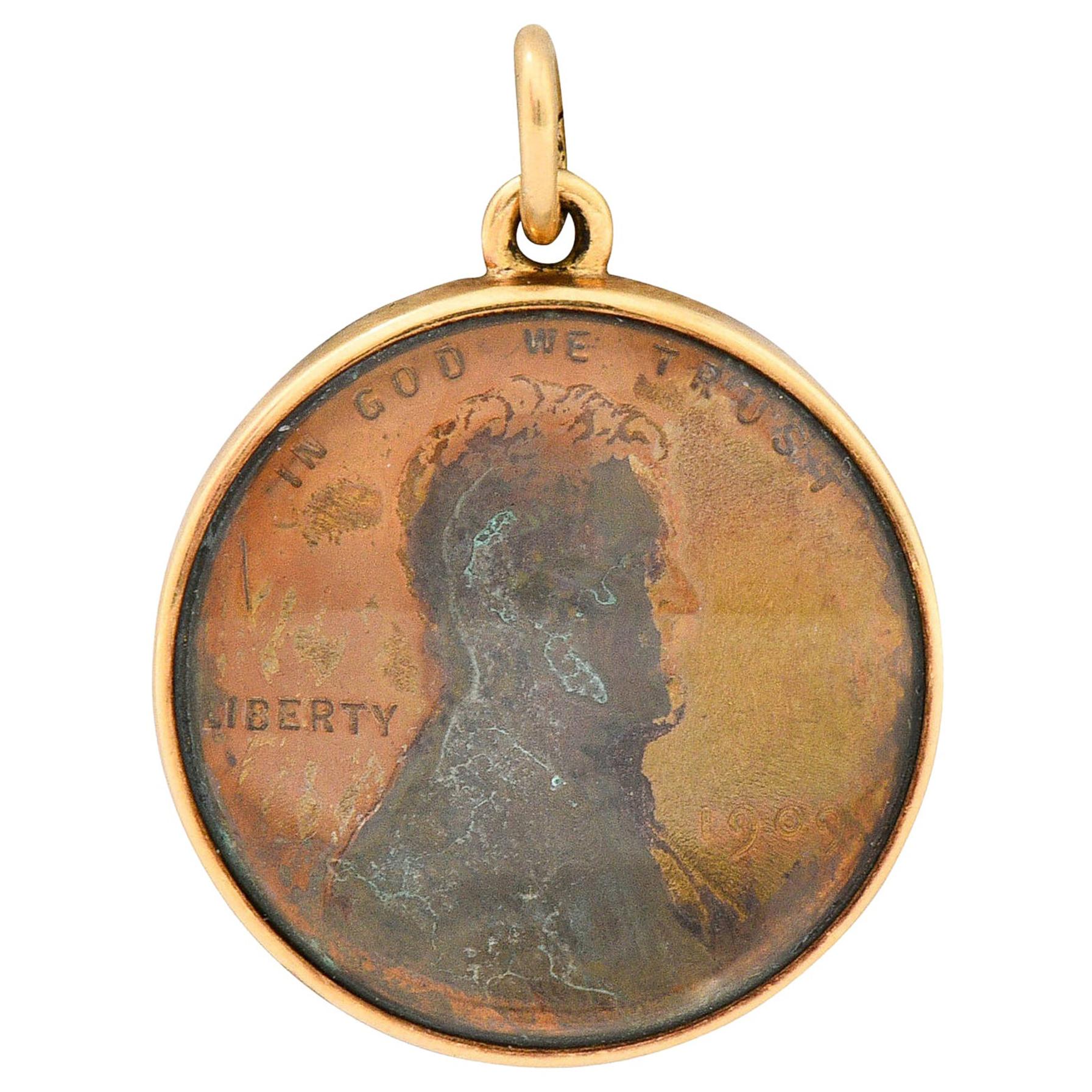 1908 Antique 14 Karat Gold Penny Charm
