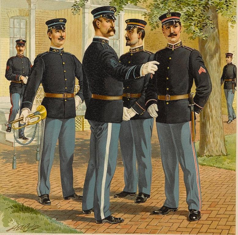 This colorful lithograph by H. A. Ogden was published in 1908 by Brigadier General J. B. Allshire. Originally published as a comprehensive series of U. S. military uniforms, this print showcases five different uniforms from the years 1902-1907 with