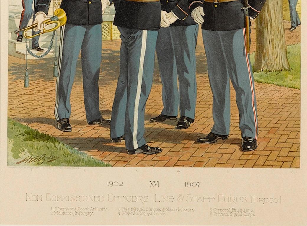 American 1908 Artillery & Musician Infantry Uniforms by Ogden, Antique Chromolithograph For Sale