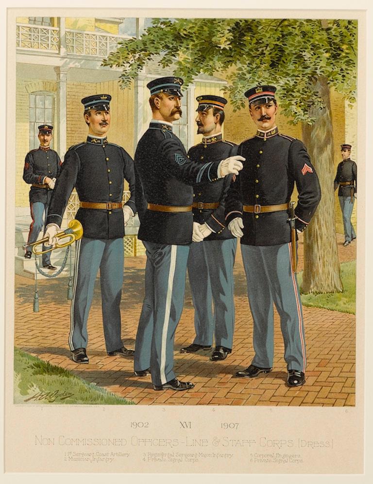 1908 Artillery & Musician Infantry Uniforms by Ogden, Antique Chromolithograph In Good Condition For Sale In Colorado Springs, CO
