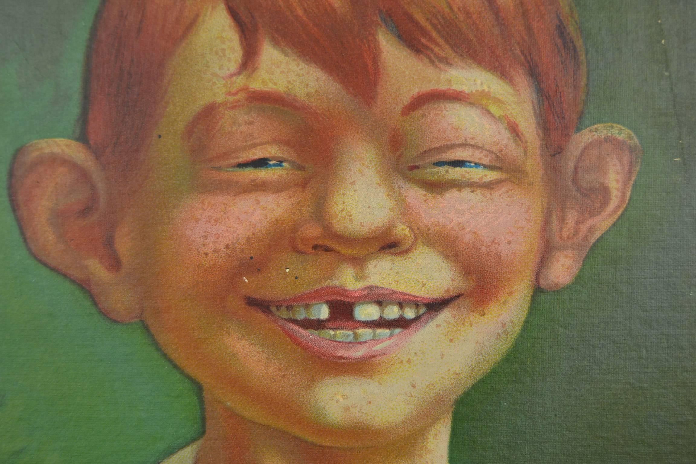 Humoristic solid cardboard Publicity sign - advertising sign for medical supplies Antikamnia -Paris -France from the early 19th century. This antique sign from 1908 has a naughty redhead boy on the front and a calendar and text at the back.
This