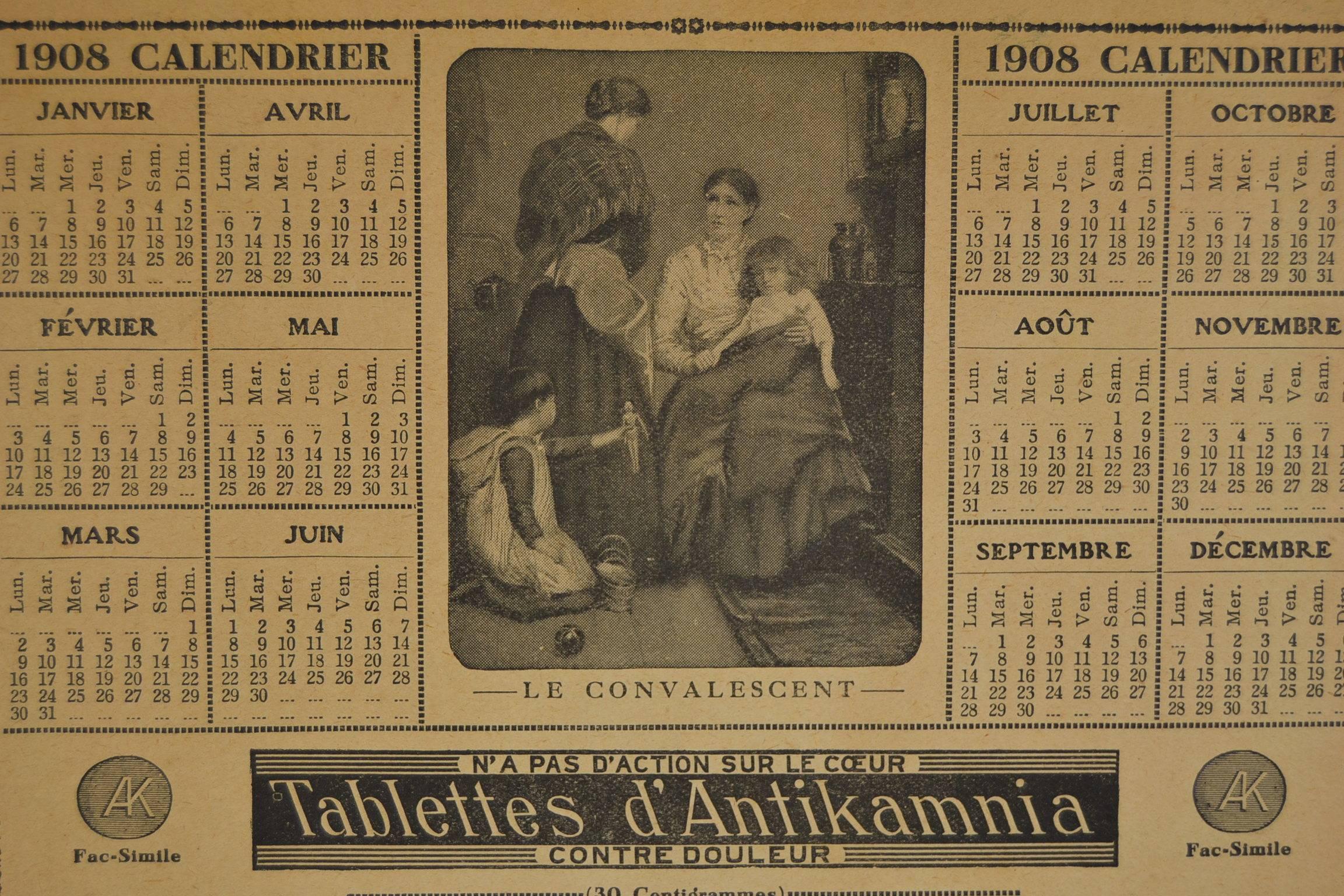 1908 French Lithographic Calendar, Sign for Pharmacy AK with Naughty Redhead 1