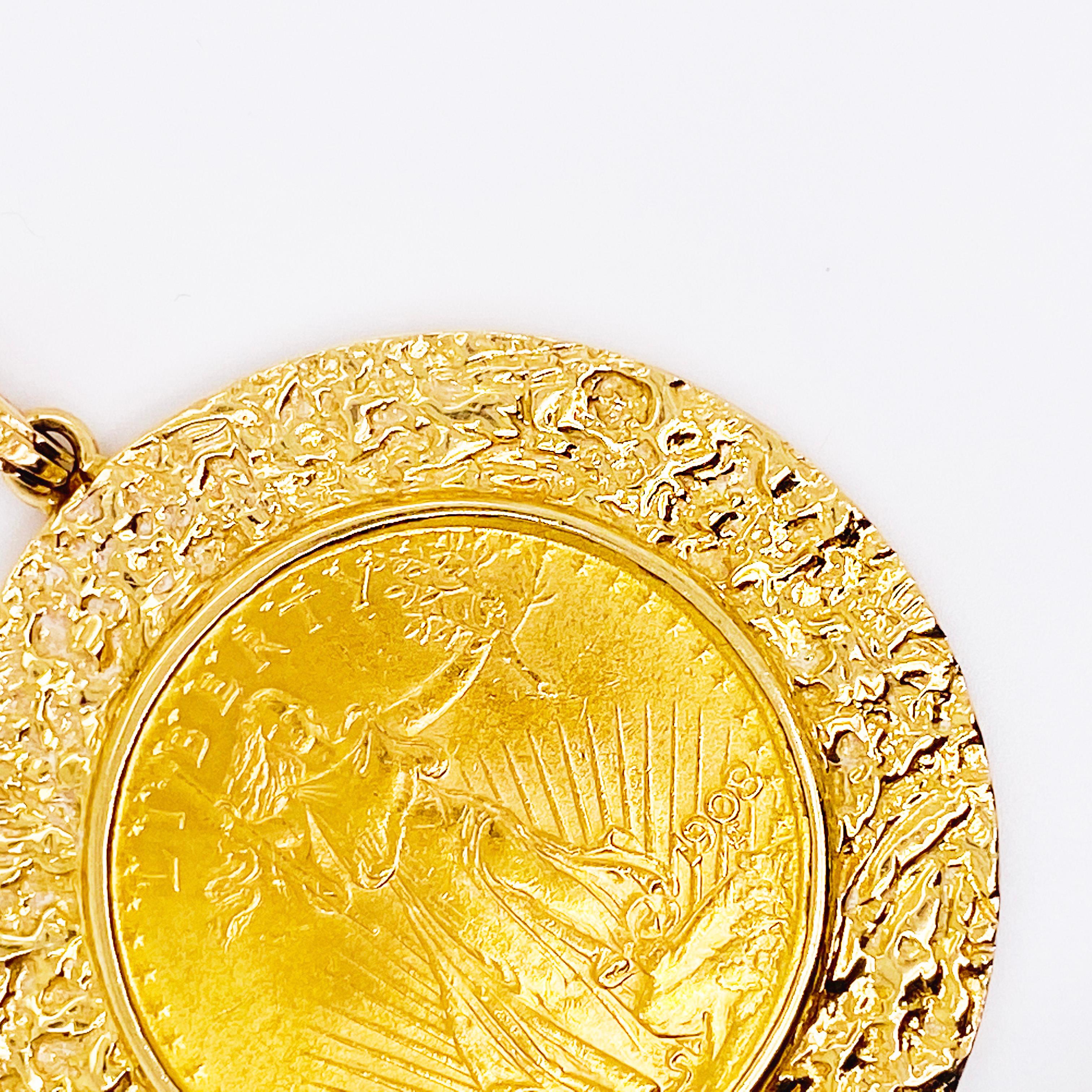 1 ounce genuine 1908 gold coin-US Lady Liberty 50 Dollar in Excellent condition with a solid 14 karat yellow gold custom made nugget gold bezel pendant.
61.7 Grams Total
2.5 Inches Long by 2 Inches Wide

1908 Lady Liberty Coin
