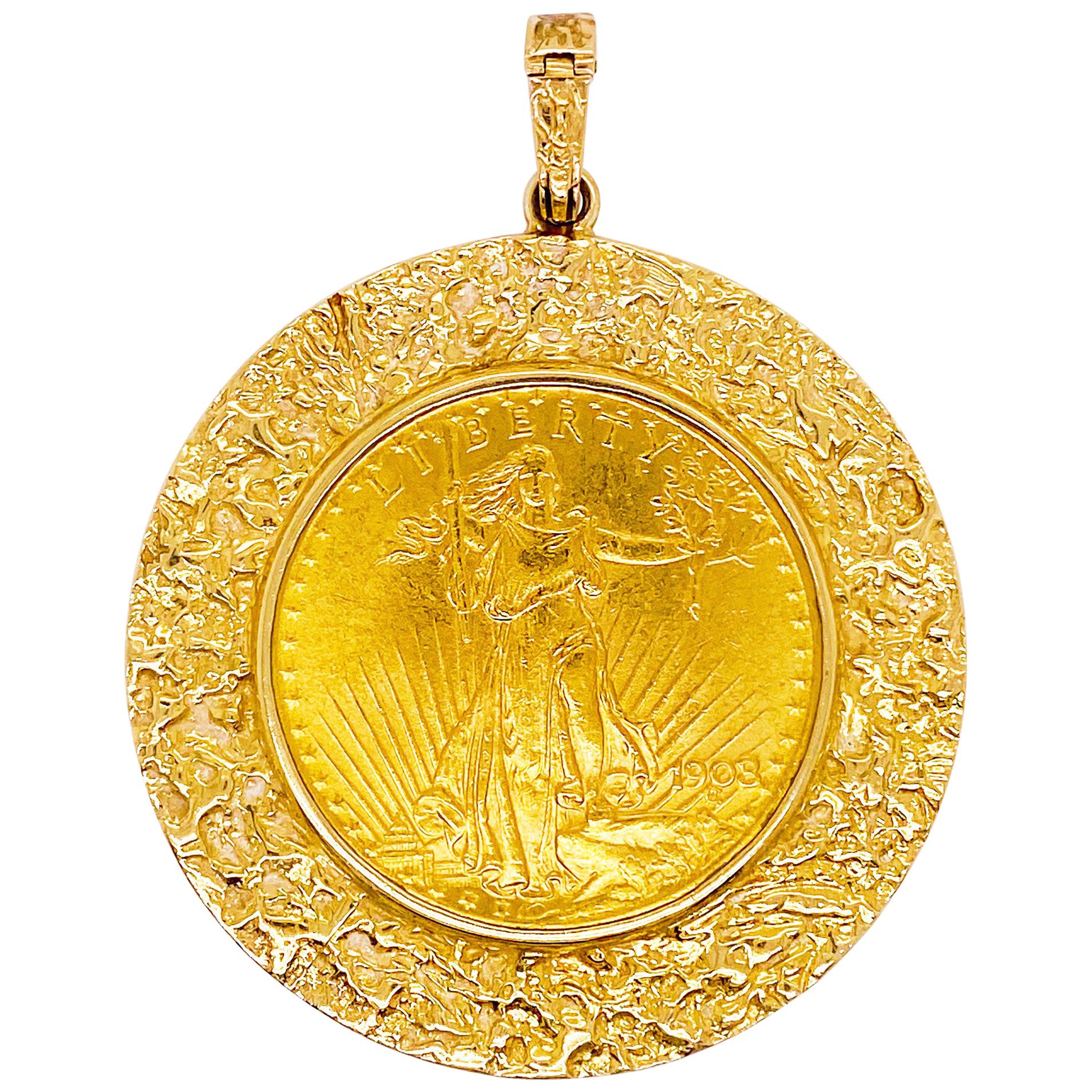 1908 Gold Coin-US Lady Liberty in Excellent Condition w 14k Gold Nugget Pendant