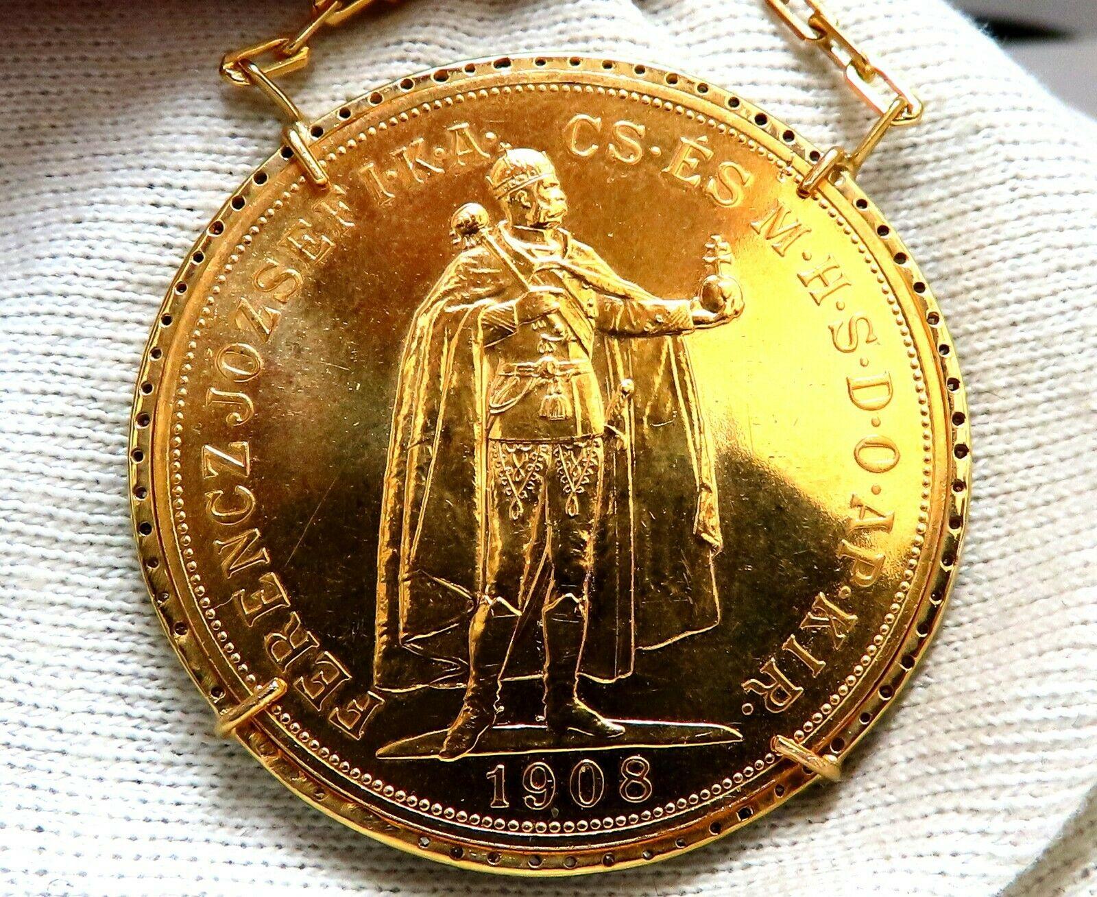 100 Korona / 1908 

 Fine Gold Coin link Necklace

With .50ct diamonds frame

I-color vs-2 si-1 clarity.

Diameter of frame: 1.6 inch

18 inch wearable length.

42.6 grams

14kt yellow gold.

$8,000 Appraisal Certificate to accompany