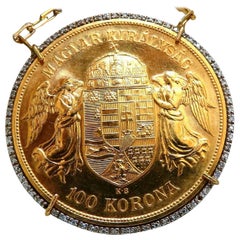 1908 Hungary 100 Korona Gold Coin Diamonds Necklace