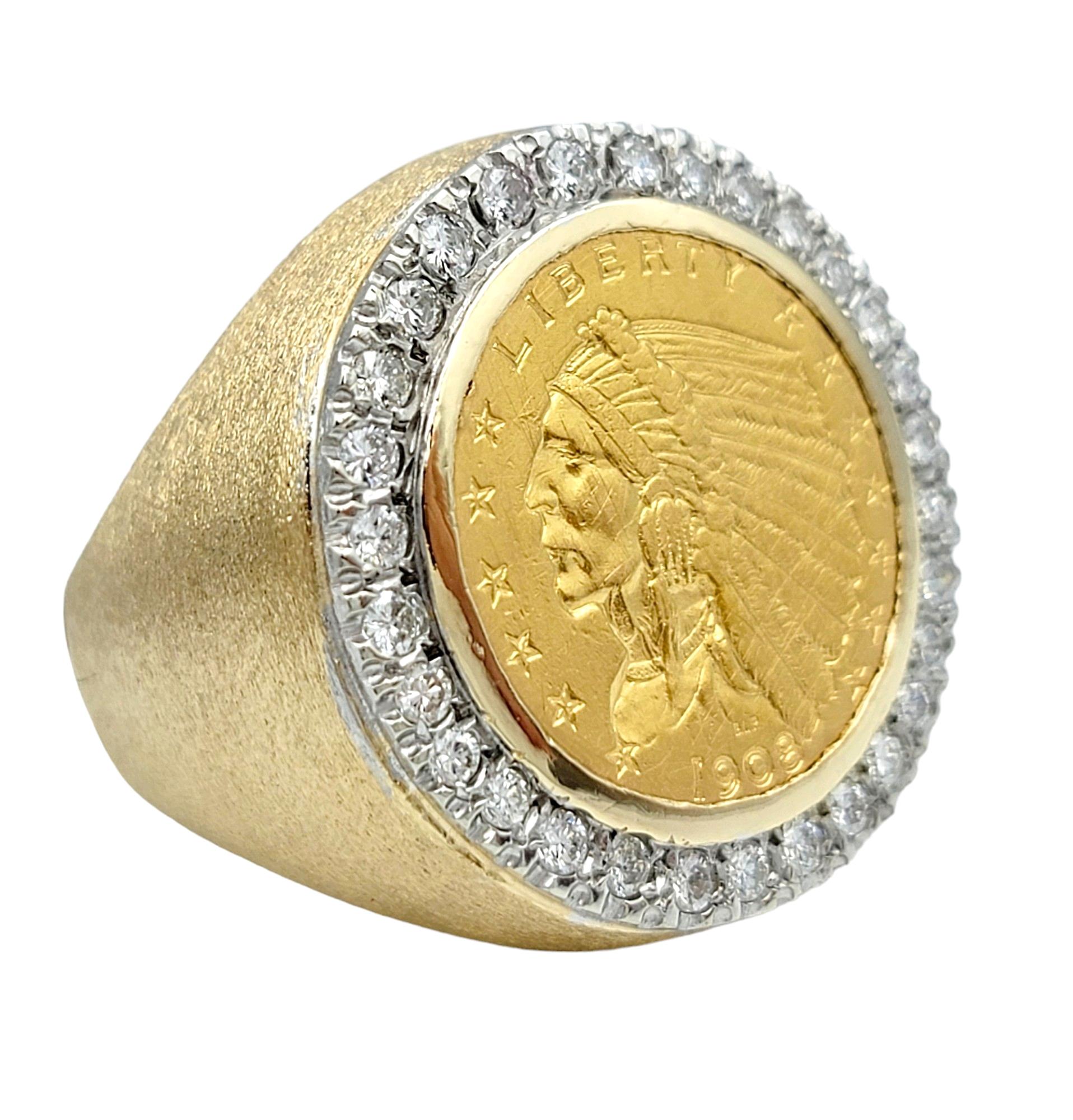 Ring Size: 9.25

This exquisitely unique piece is an Indian Head 2 1/2 Dollar Gold Coin set in a 14 karat gold ring, encircled by a radiant diamond halo. This ring seamlessly combines historical significance with modern elegance, creating a stunning