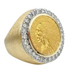 1908 Indian Head Bezel Set Coin with Diamond Halo Ring in 14 Karat Yellow Gold