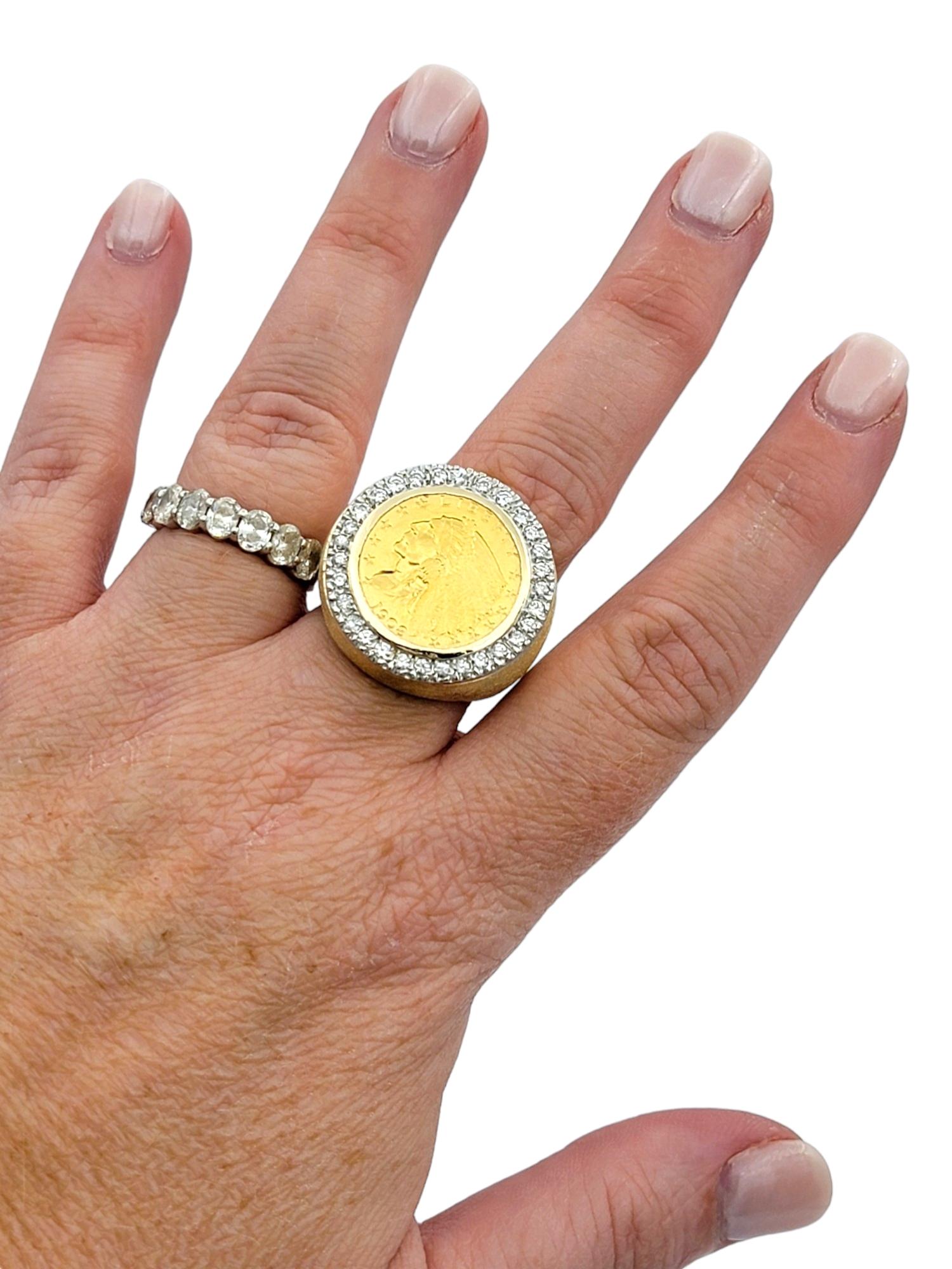Round Cut 1908 Indian Head Bezel Set Coin with Diamond Halo Ring in 14 Karat Yellow Gold