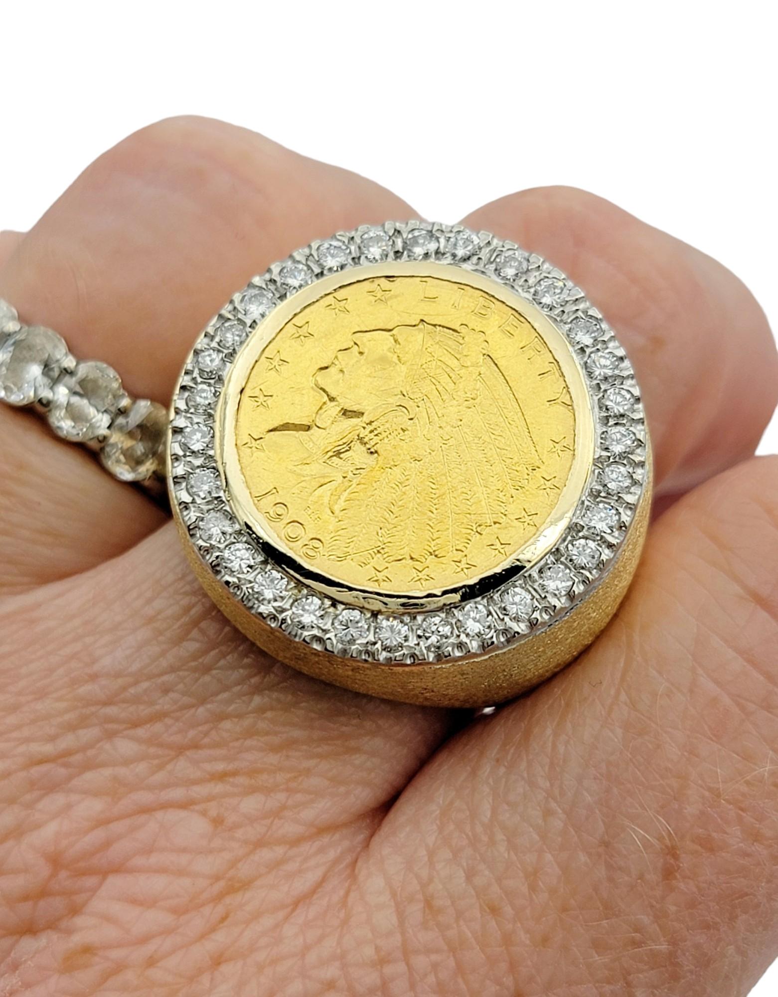 1908 Indian Head Bezel Set Coin with Diamond Halo Ring in 14 Karat Yellow Gold In Good Condition In Scottsdale, AZ