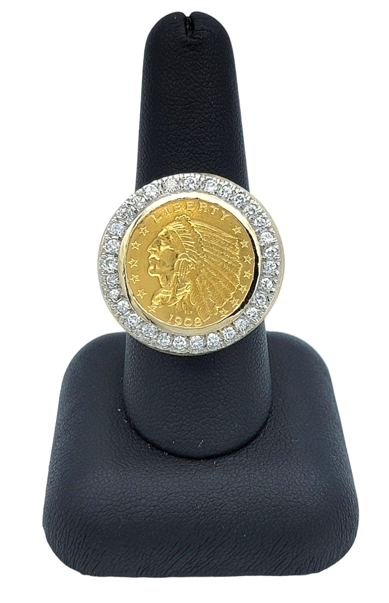 Women's or Men's 1908 Indian Head Bezel Set Coin with Diamond Halo Ring in 14 Karat Yellow Gold