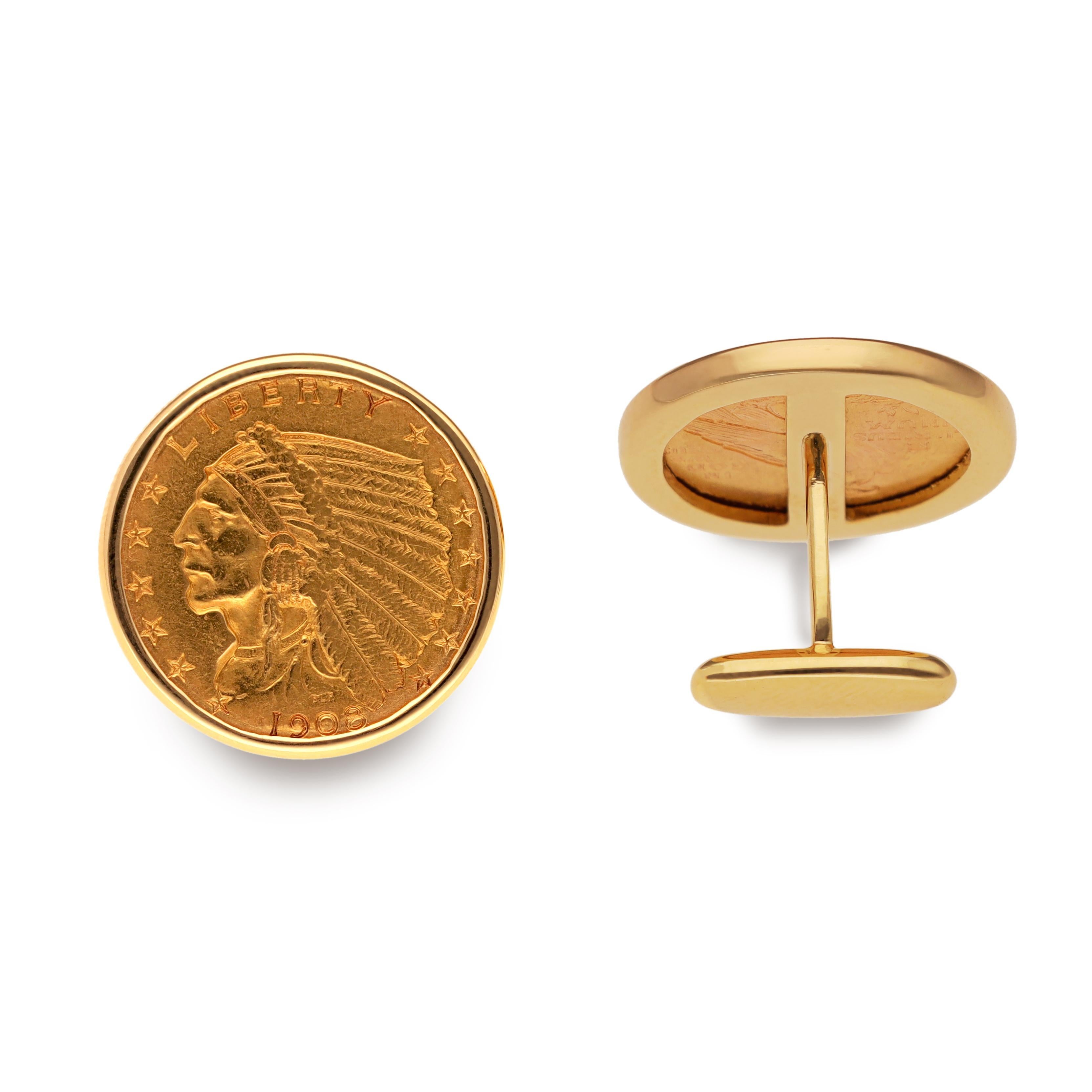 Cufflinks are set with and display $2.50 Indian Head Coins Stamped with a Production Run 1908. These were Minted from 1908-1929. They Remain the Only U.S. Circulating Coins with Recessed Designs.
18K Yellow Gold - Fixed Backing