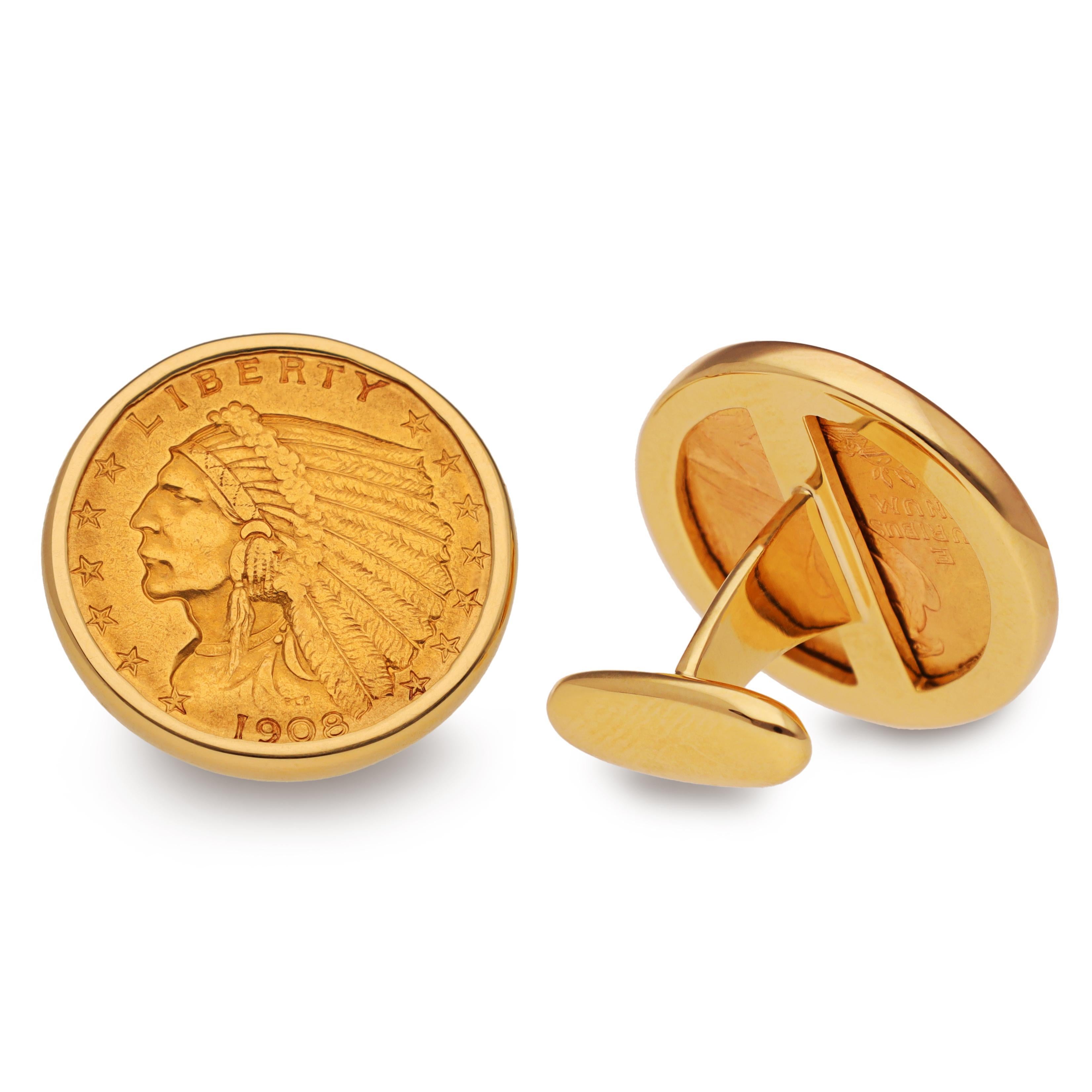 1908 Indian Head Gold Coin Cufflinks In Excellent Condition For Sale In New York, NY
