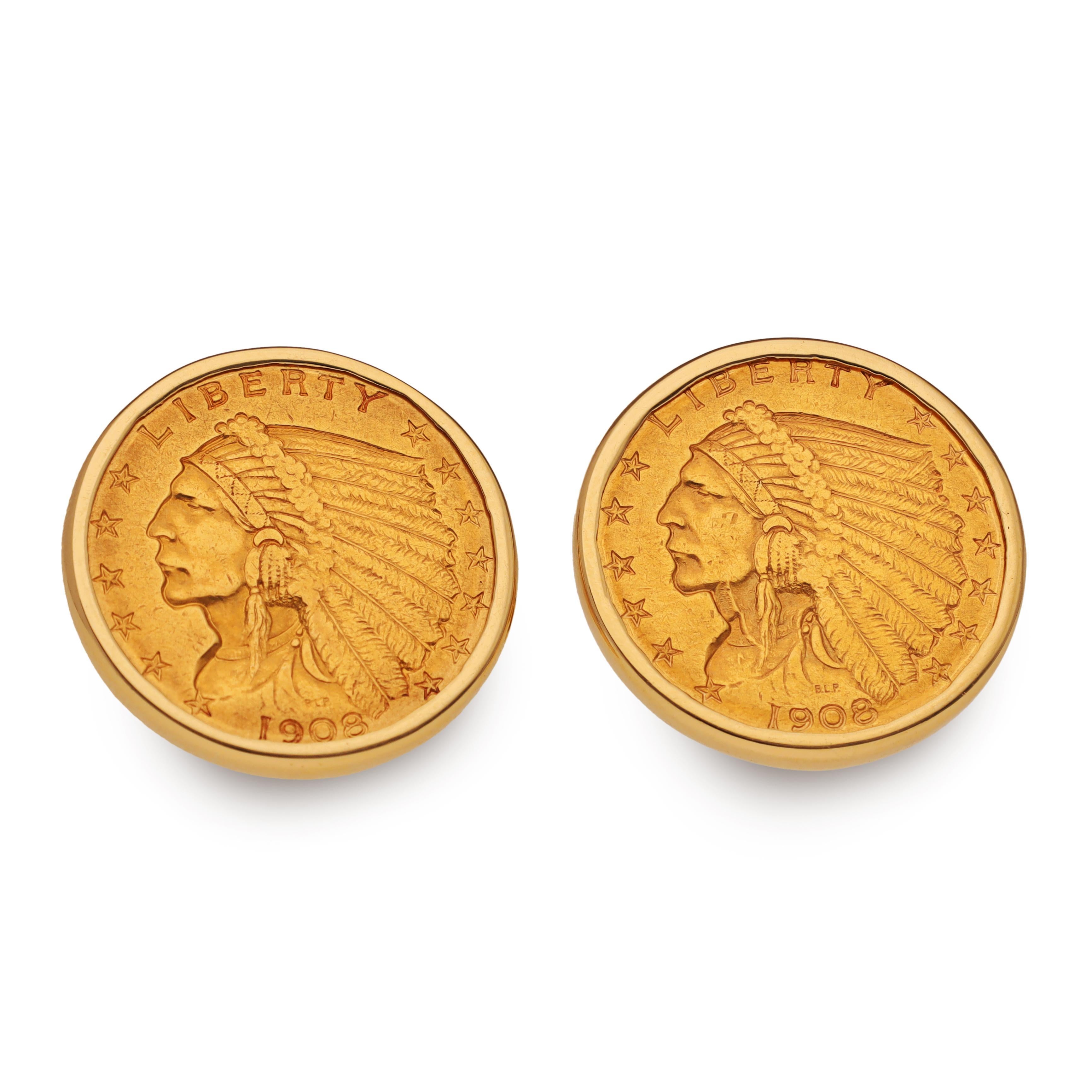 Women's or Men's 1908 Indian Head Gold Coin Cufflinks For Sale