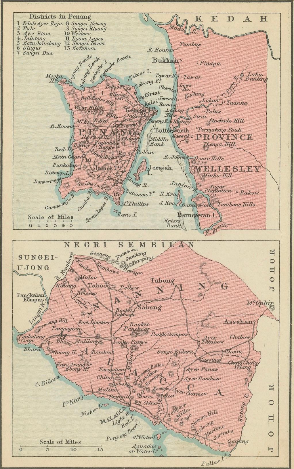 1908 John Bartholomew Map of Penang, Malacca, and Negri Sembilan from Handy Atlas of Church and Empire  

Description:  
This finely detailed early twentieth-century map features two inset maps on a single sheet, depicting the regions of Penang,