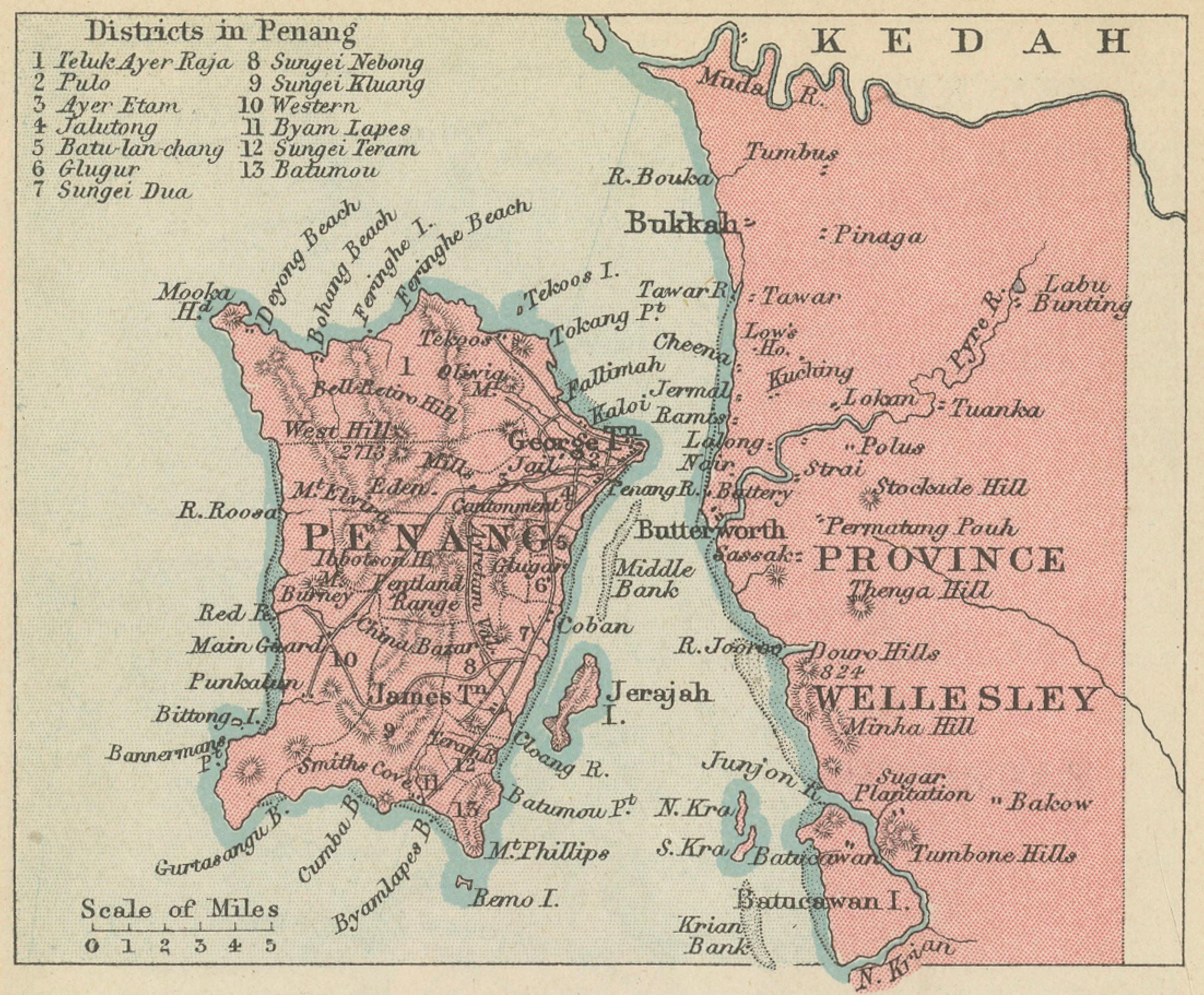 Early 20th Century 1908 John Bartholomew Miniature Map of Penang, Malacca, and Negri Sembilan For Sale