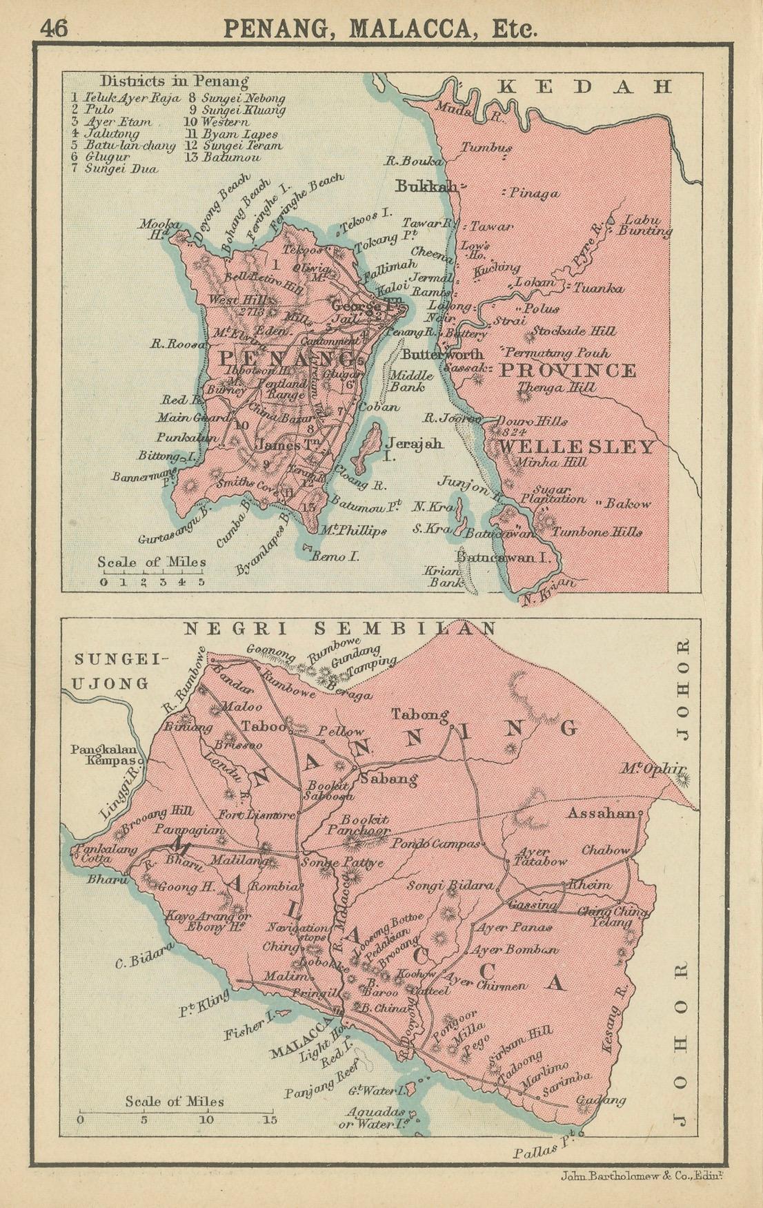 Paper 1908 John Bartholomew Miniature Map of Penang, Malacca, and Negri Sembilan For Sale