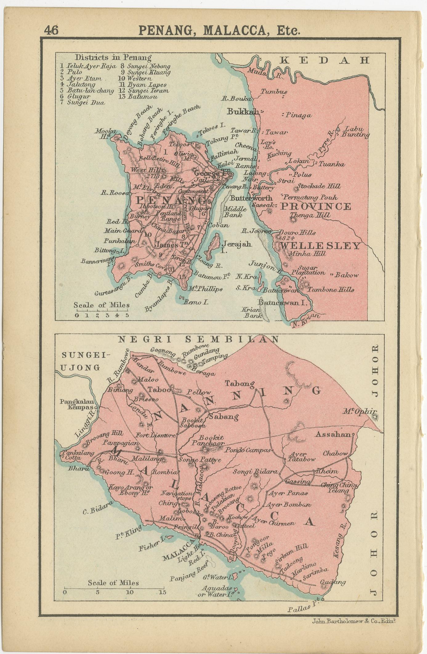 1908 John Bartholomew Miniature Map of Penang, Malacca, and Negri Sembilan For Sale 4