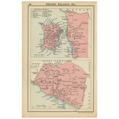 1908 John Bartholomew Miniature Map of Penang, Malacca, and Negri Sembilan
