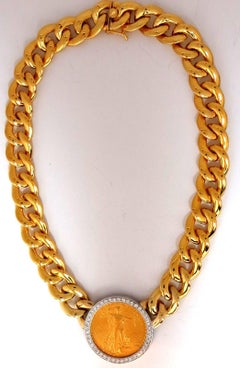 1908 Liberty Fine Gold Coin 2.00 Carat Diamonds Cuban Link Necklace Huge*