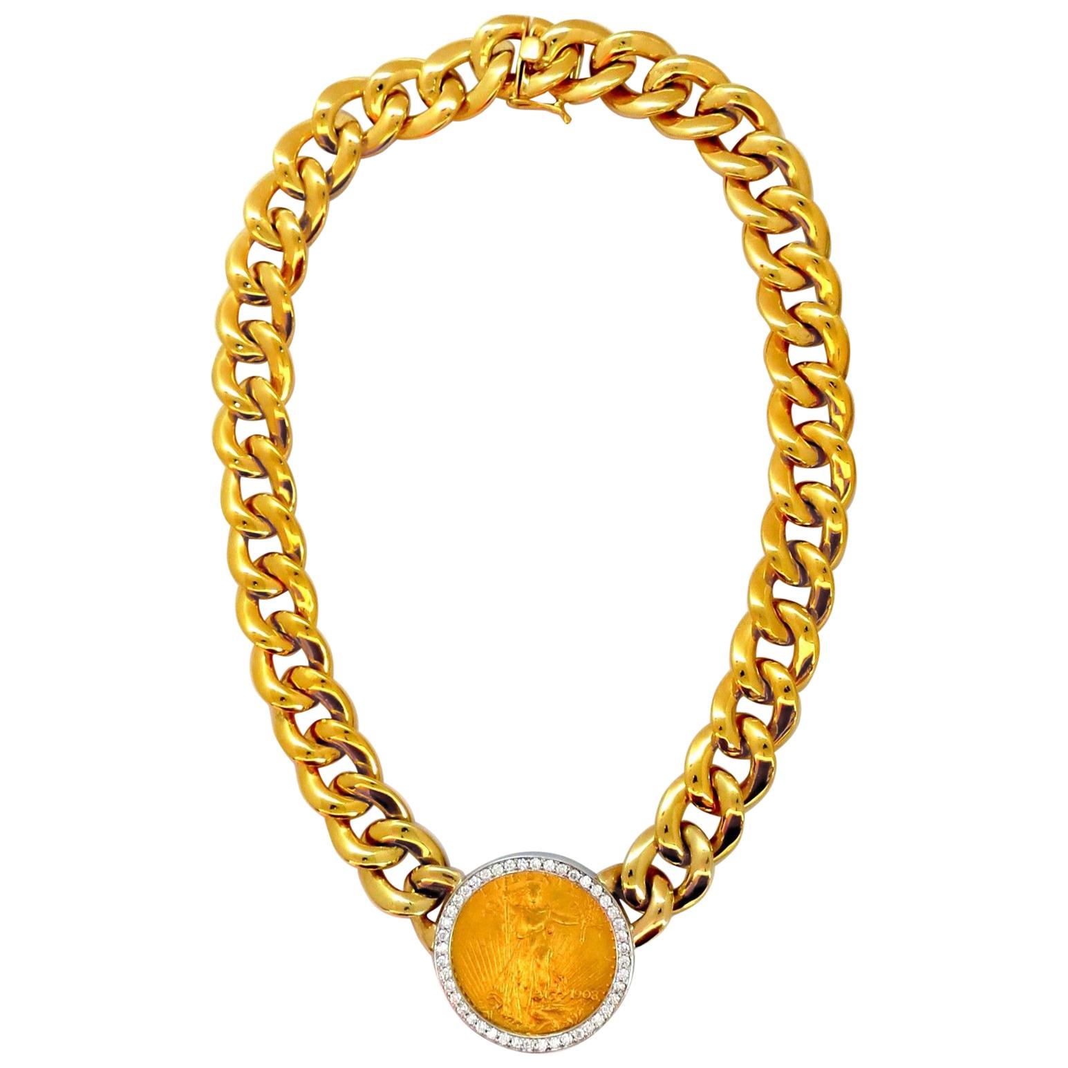 1908 Liberty Fine Gold Coin 2.00 Carat Diamonds Cuban Link Necklace Huge For Sale