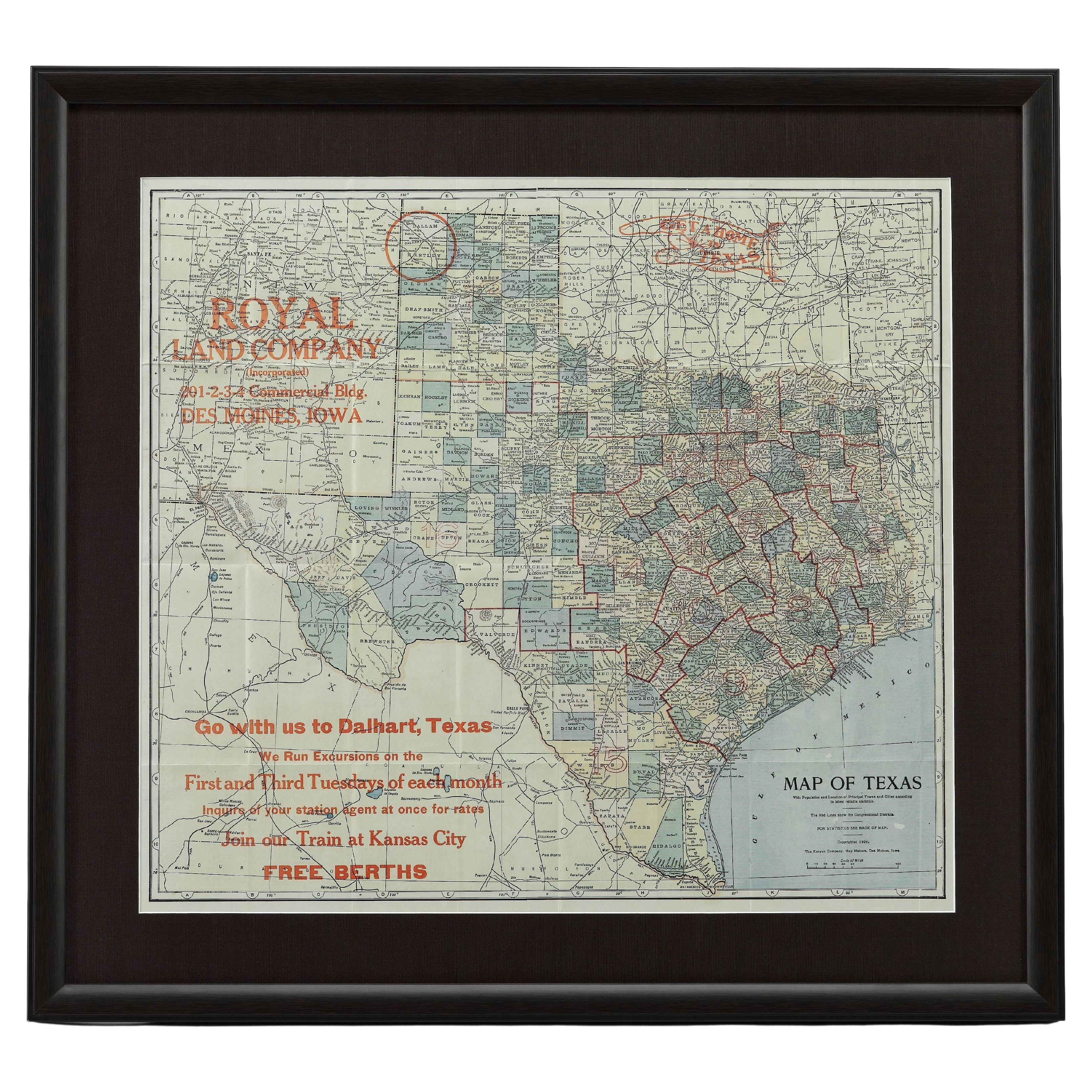 1908 "Map of Texas" by The Kenyon Company For Sale