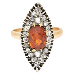 Antiker russischer 14 Karat Gelbgold-Ring mit Hessonit-Granat und Diamant in Silberauflage