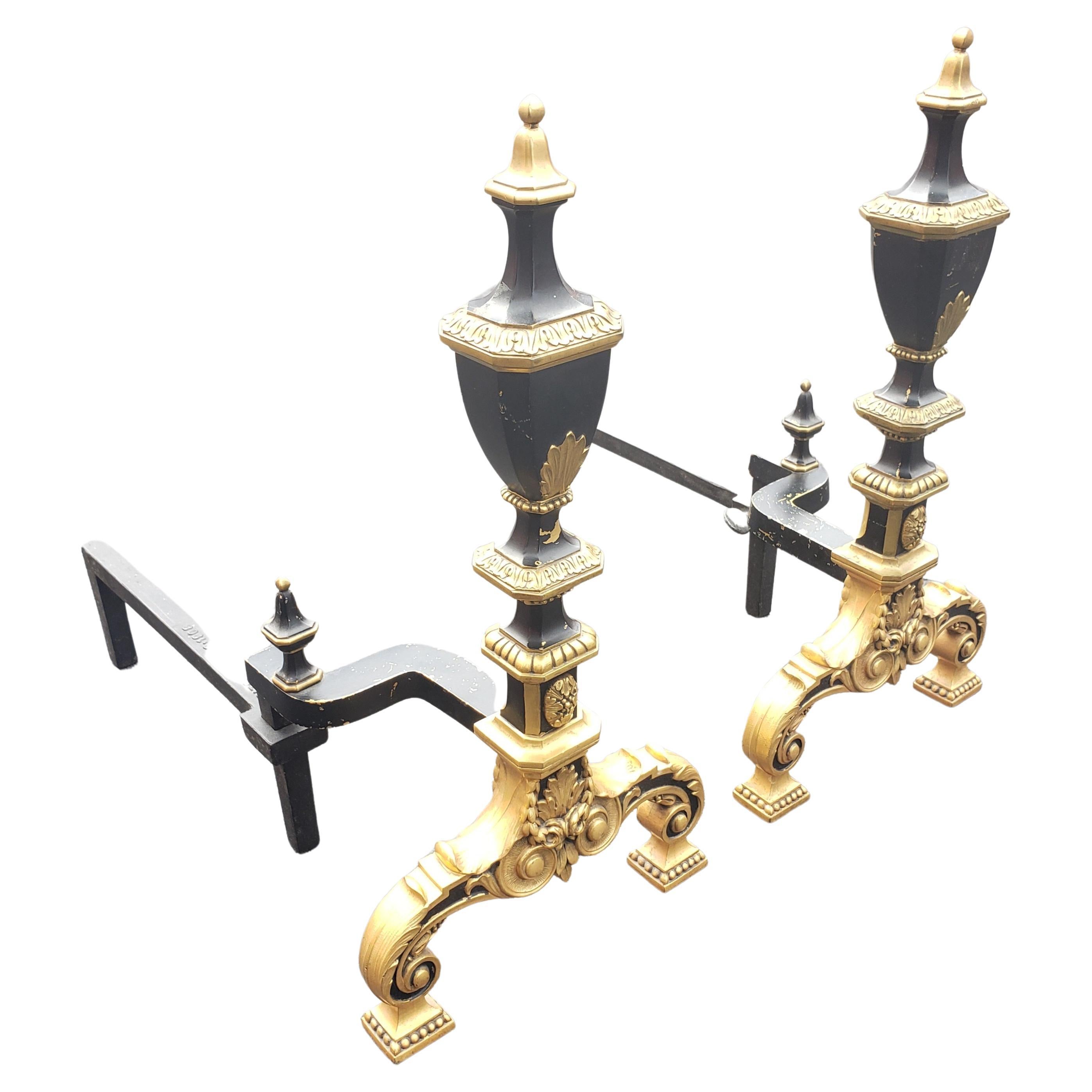 Late Victorian 1908 Signed WM. H. Jackson Gilt Bronze Ornate Andirons, a Pair For Sale
