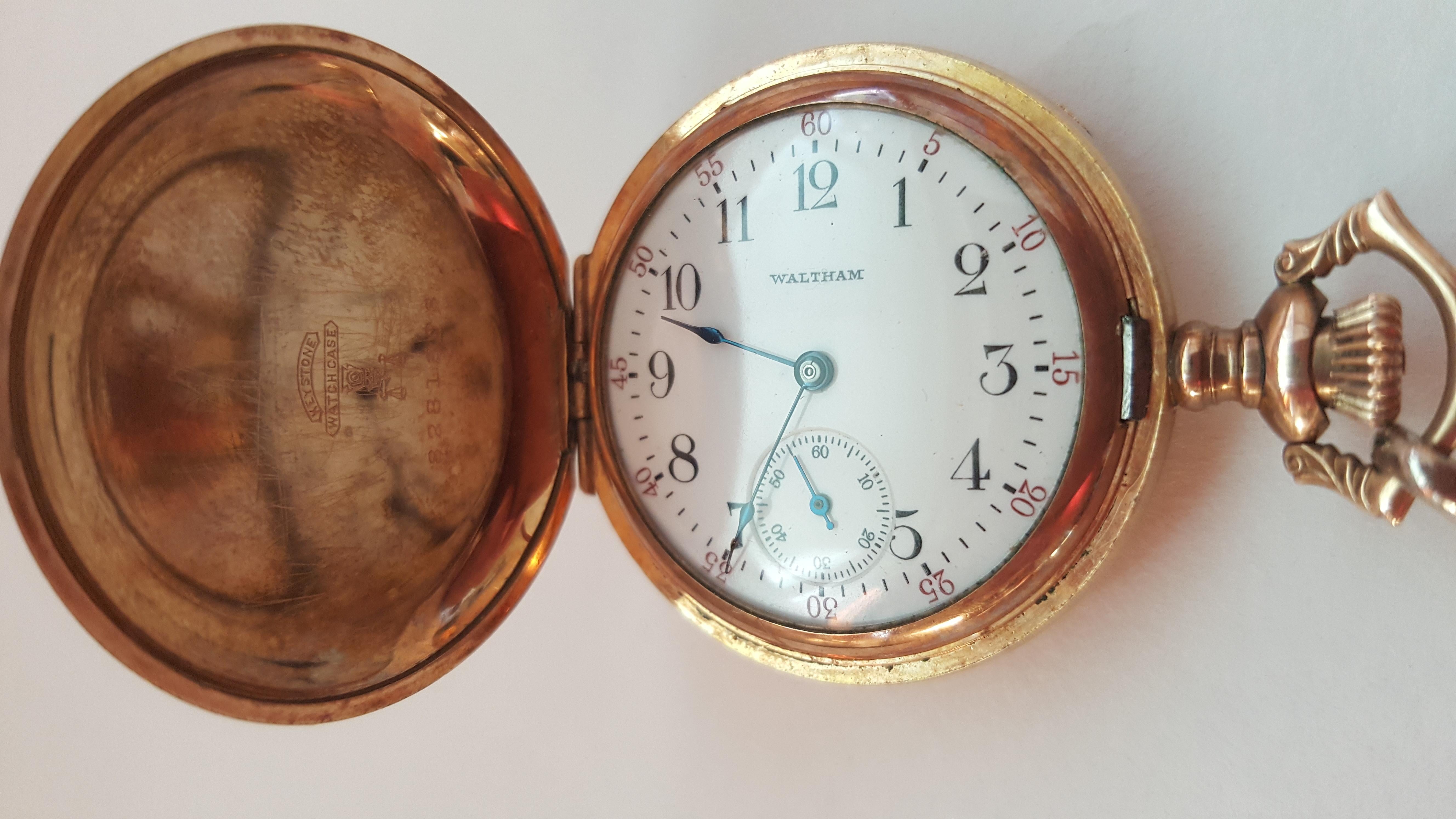 1908 Waltham Pocket Watch, Gold Plated, 7 Jewel, Size 0, Working, Black and Red Numerals, White Face, Engraved, Model 1907, Serial 17339651, Excellent condition.
It was given as a gift in 1912, there's an engraving that says 
