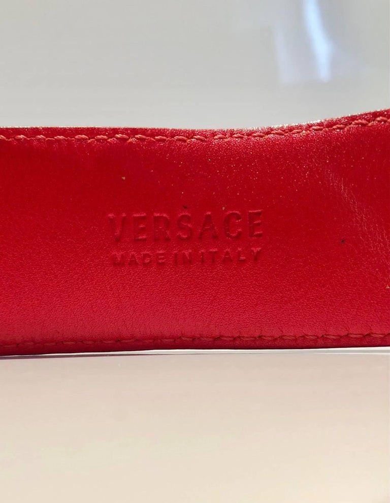 1980s Versace Red Leather Gold Medusa Metal Medallion Buckle Belt For