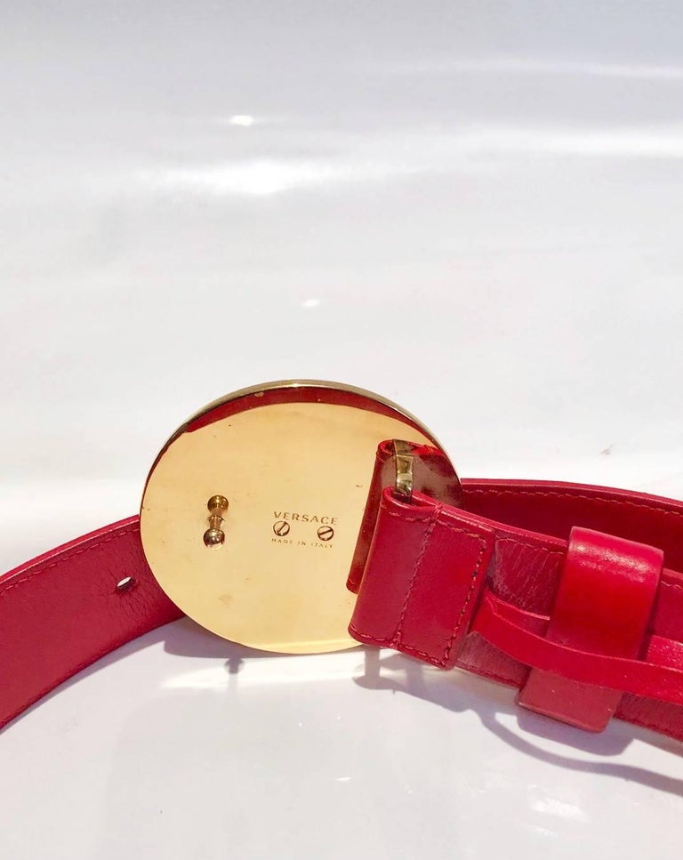 1980s Versace Red Leather Gold Medusa Metal Medallion Buckle Belt For