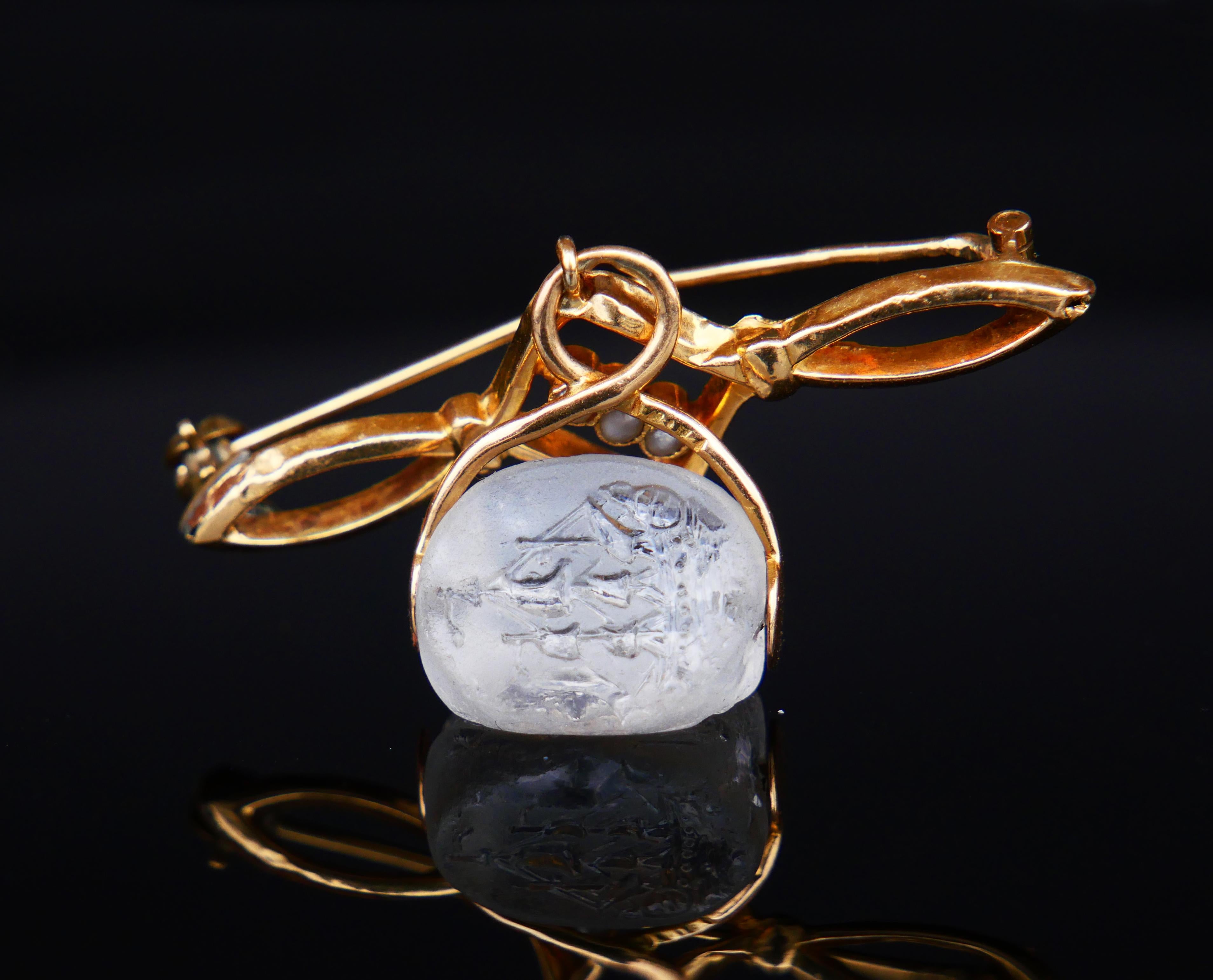 Cushion Cut 1909 Antique Intaglio Fob wax Seal Glass Crystal 18K Gold Seed Pearls/ 6.8gr For Sale