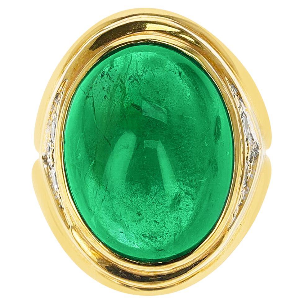 19.09 Ct. Emerald Cabochon Ring with Diamonds, 18K For Sale