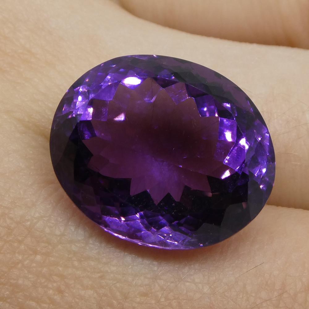 Description:

Gem Type: Amethyst
Number of Stones: 1
Weight: 19.09 cts
Measurements: 18.75x16x10.9 mm
Shape: Oval
Cutting Style Crown: Modified Brilliant
Cutting Style Pavilion: Modified Brilliant
Transparency: Transparent
Clarity: Very Slightly