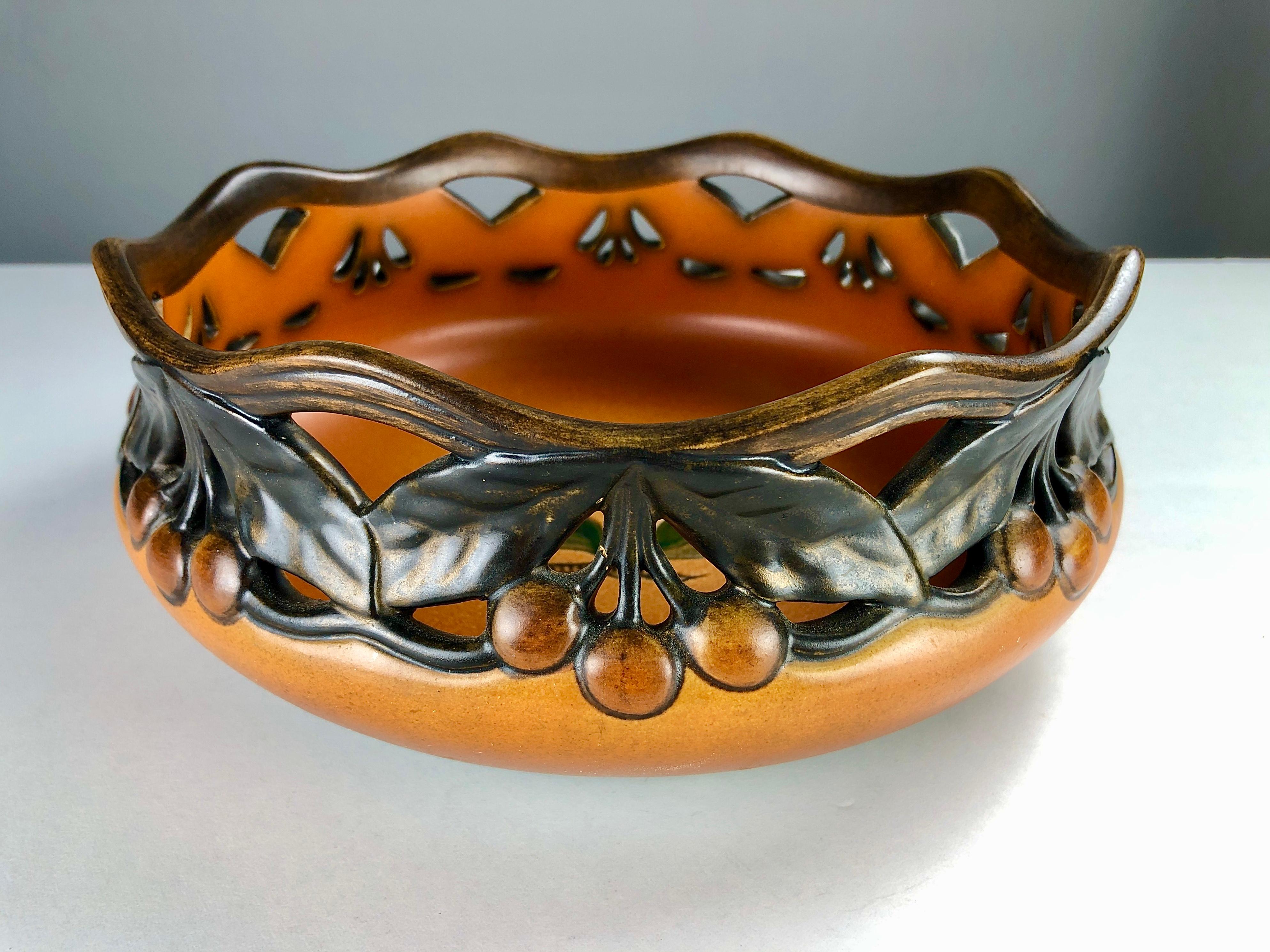 Hand-Crafted 1900's Hand-crafted Danish Art Nouveau Cherry Decorated Bowl by P. Ipsens Enke For Sale