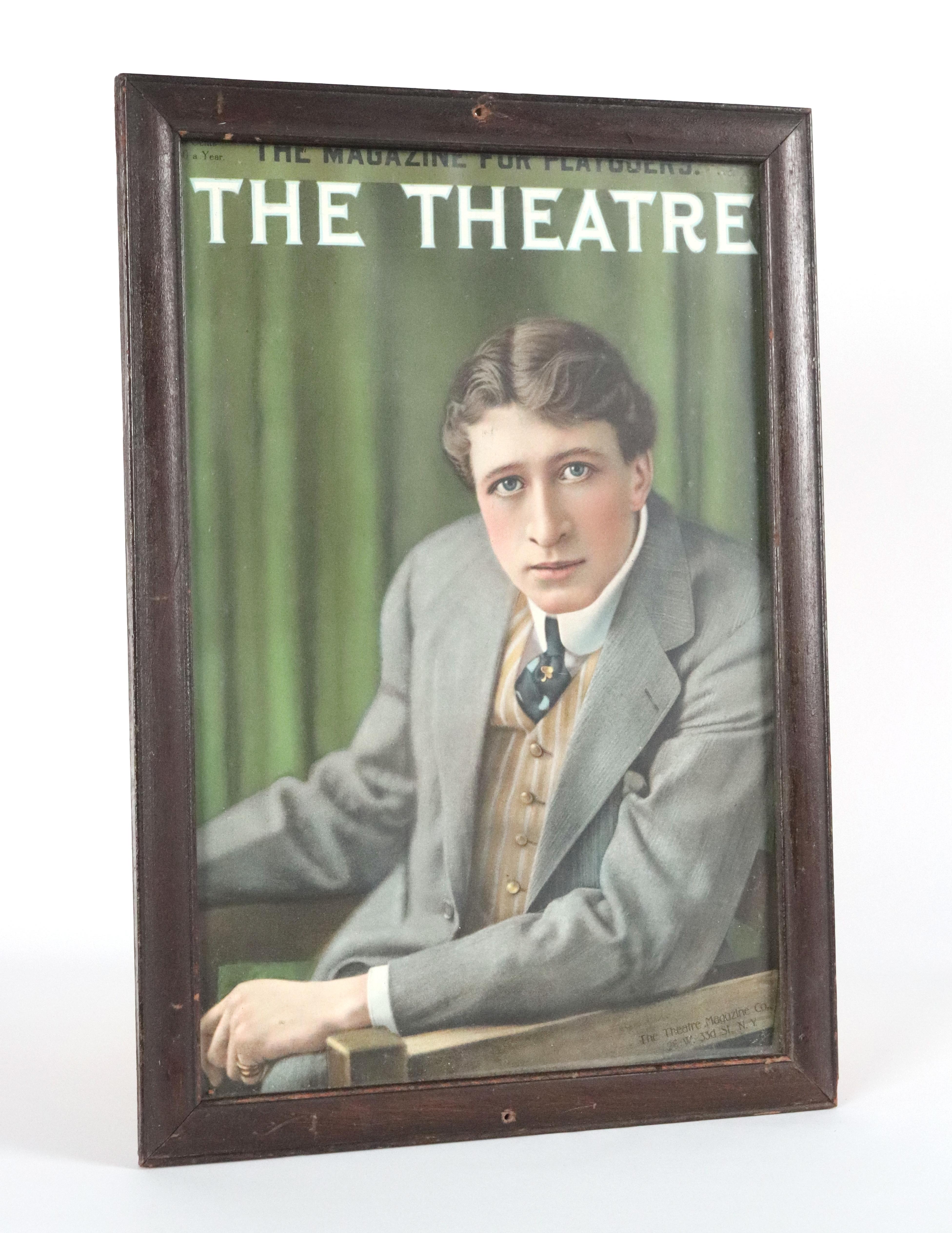 Mai 1909, couverture de The Theatre Magazine avec l'acteur Frank Worthing. Volume IX, n° 99. Cette pièce a été acquise auprès du restaurant Gallagher's Steakhouse à New York. Le cadre est en bois foncé et en verre. Bon état avec une usure
