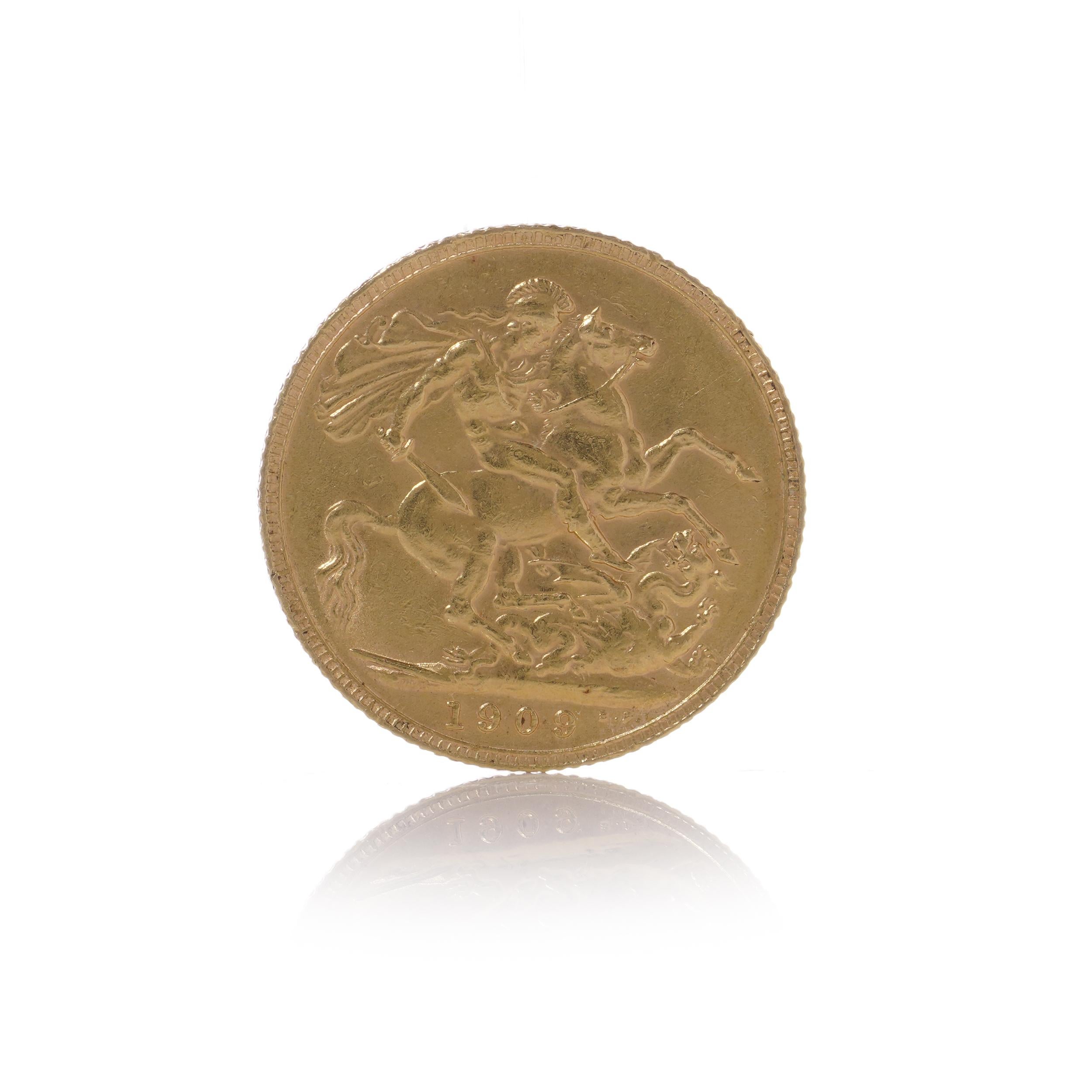 1909 gold Sovereign featuring King Edward VII and the George & Dragon design. Coin provided in a plastic capsule. The M mintmark denotes the Melbourne Mint in Australia.

Manufacturer: Royal Mint

Weight (grams): 7.98

Pure gold content (grams):