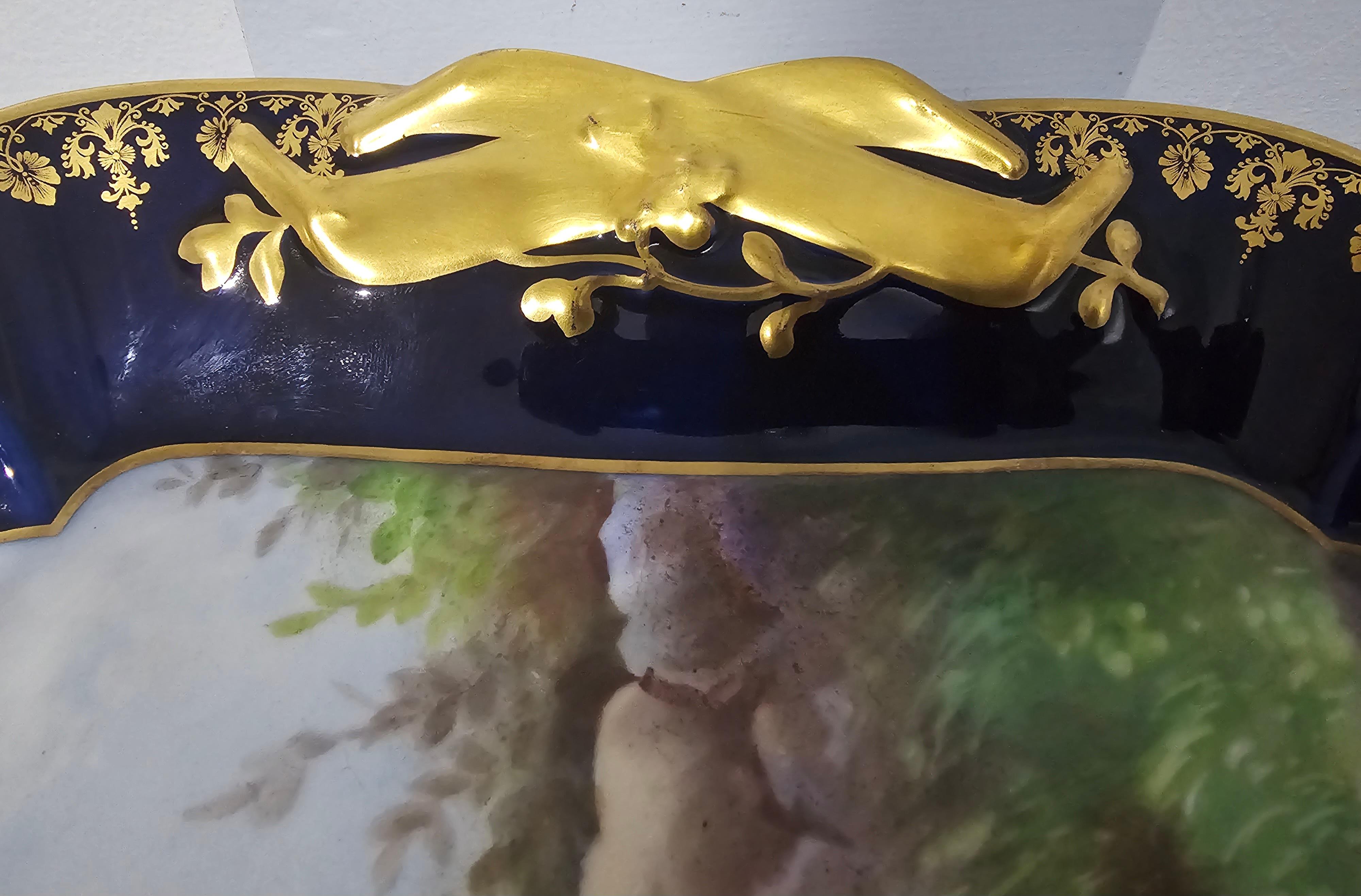 French 1909 Limoges Hand-Painted Blue Cobalt and Double Gilt Decorated Platter, Signed For Sale
